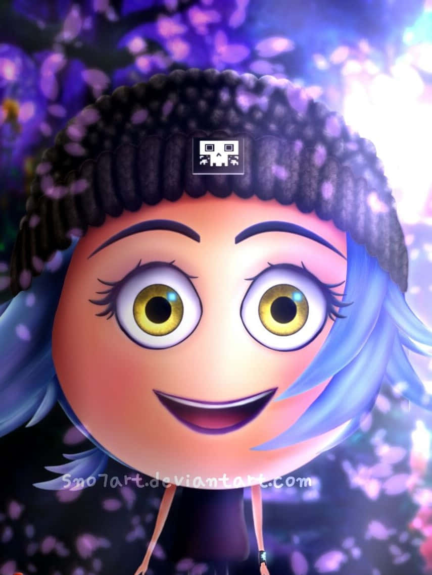 《Emoji 大電影》角色 Jailbreak 的數位肖像 壁紙 — 一位開朗的動漫女孩，藍色頭髮和黑色冷帽，在發光的紫色花卉背景前燦爛微笑。