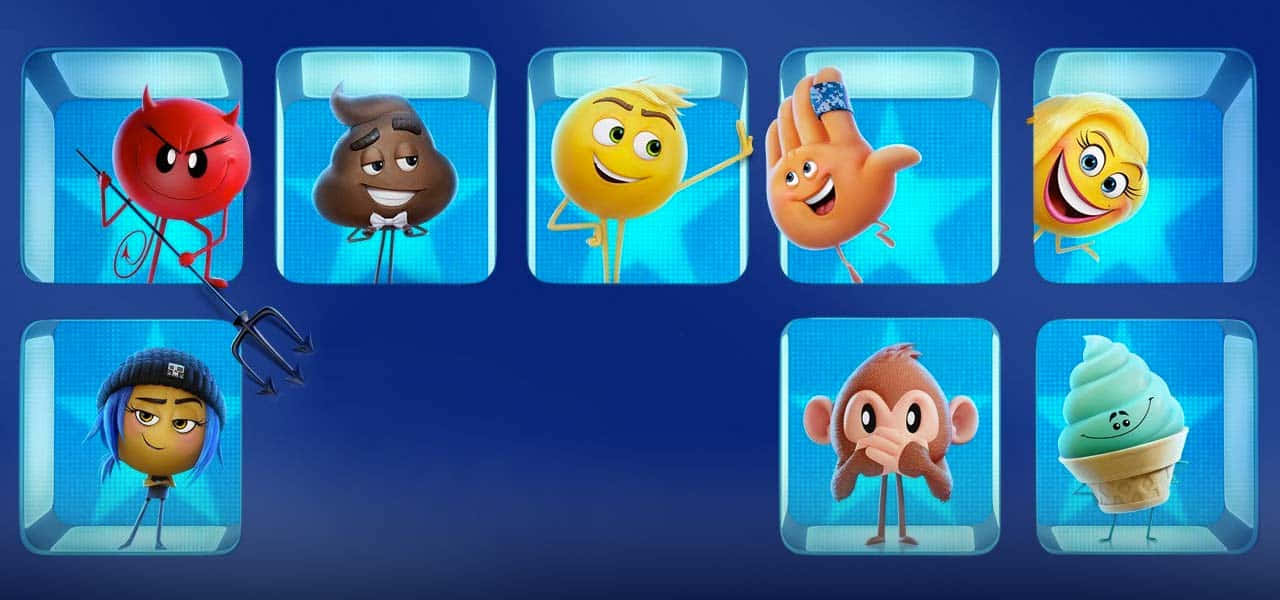 《Emoji 大電影》角色群像 壁紙 — 七個動畫表情符號角色，包括惡魔、便便、笑臉、手、猴子和雪糕，每個都在發光的藍色立方體框架中。