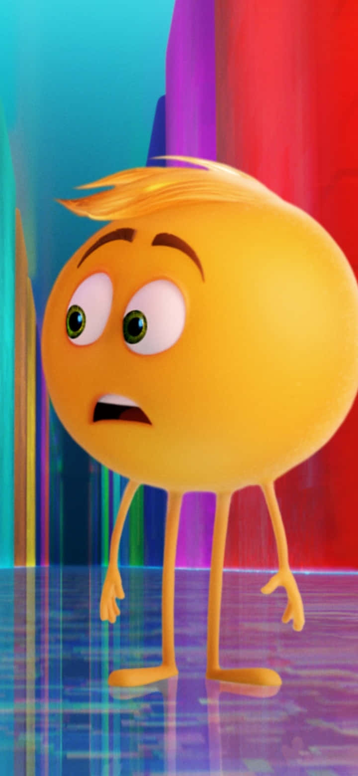 《Emoji 大電影》驚訝的 Gene Meh 壁紙 — 一個黃色動畫表情符號角色，睜大眼睛，表情驚訝，站在色彩繽紛的抽象數位空間中。