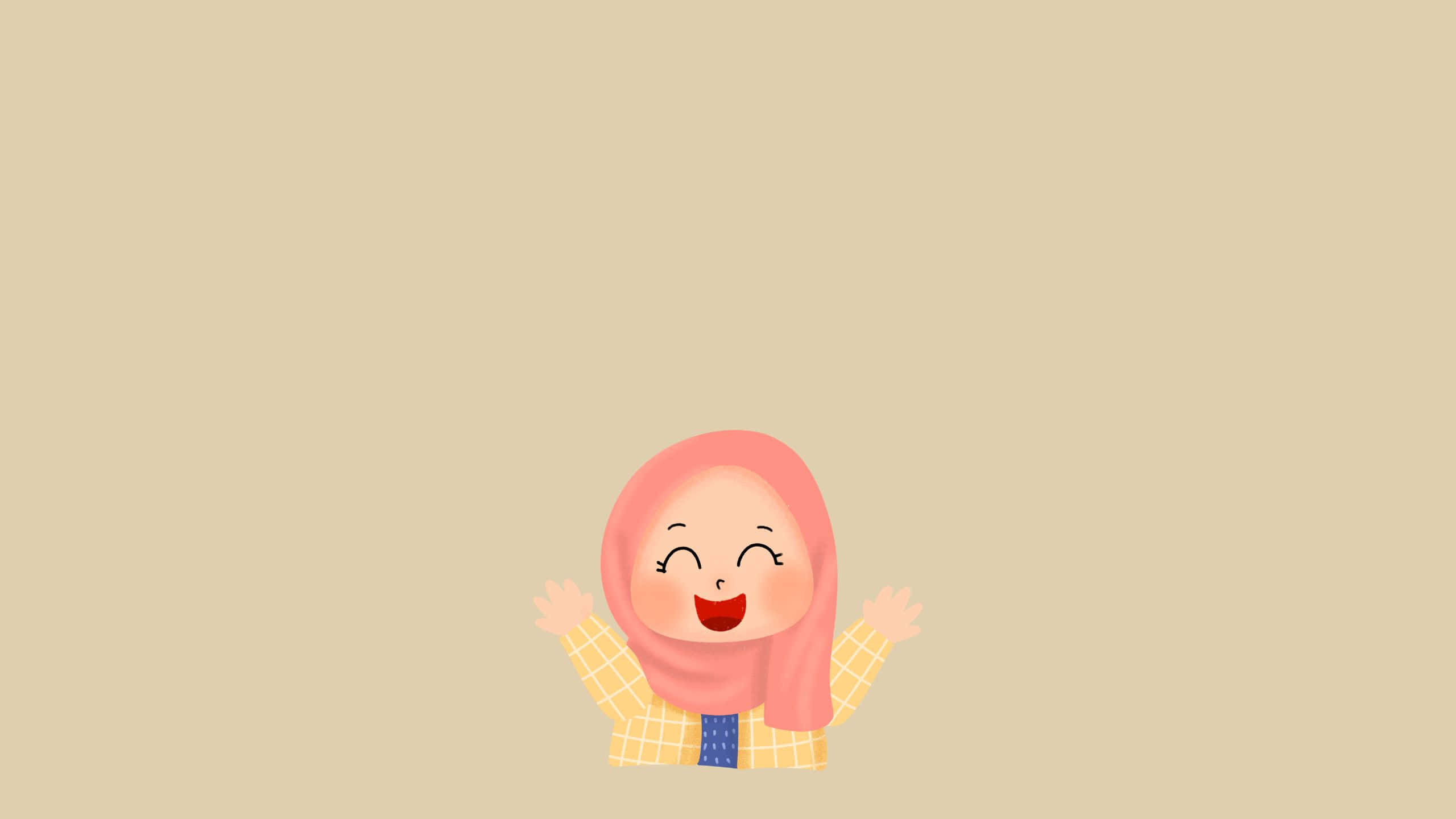 Emoji女孩享受愜意的休閒時光 壁紙 — 一個戴著粉紅色頭巾、穿著黃色格仔恤衫的快樂卡通女孩，在米色背景上開心地揮手。