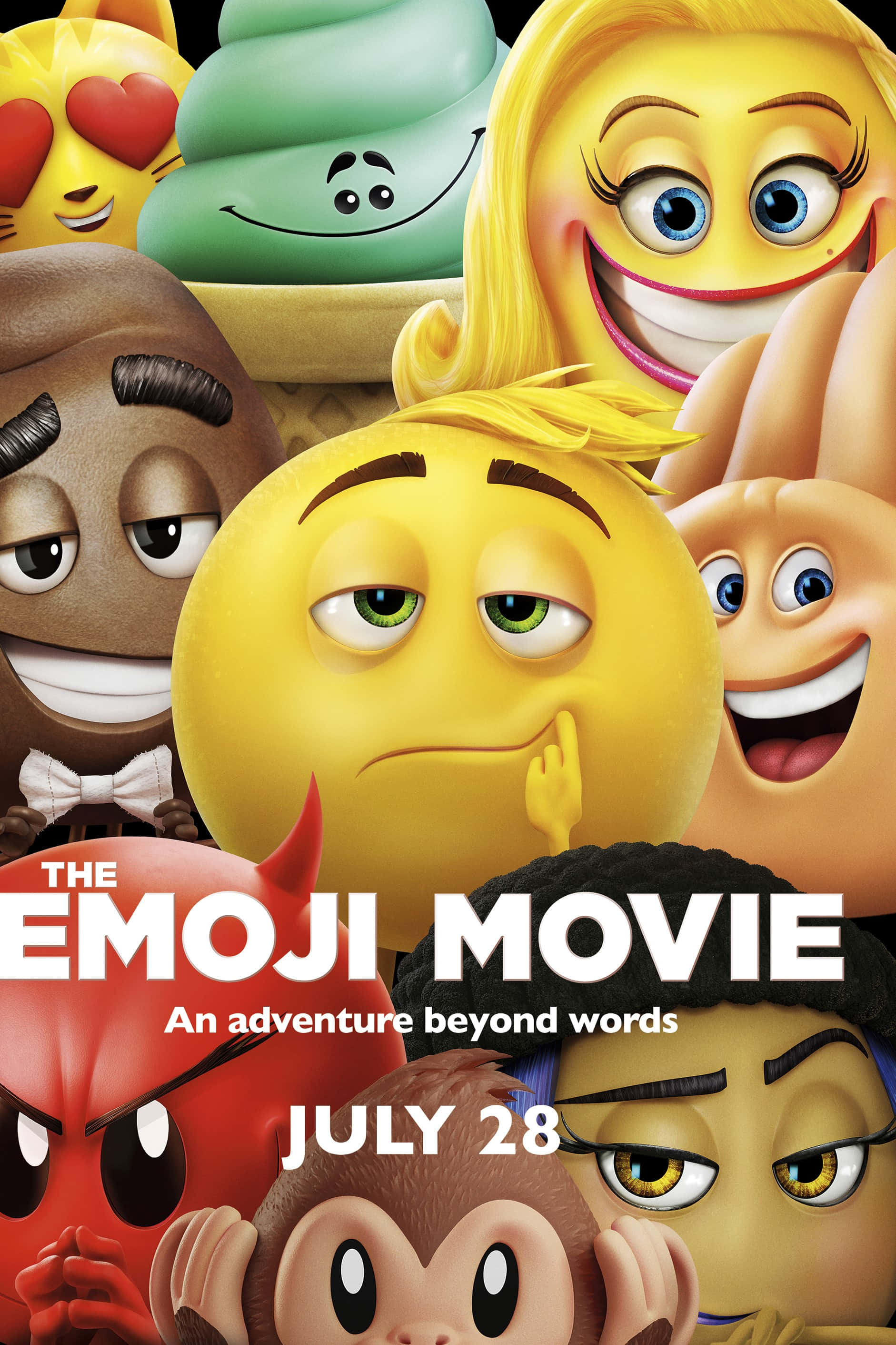 《Emoji電影》2017官方海報 壁紙 — 一張充滿活力的 3D 渲染海報， featuring 一群多元化的動畫表情符號角色，擁有豐富表情和色彩繽紛的設計。