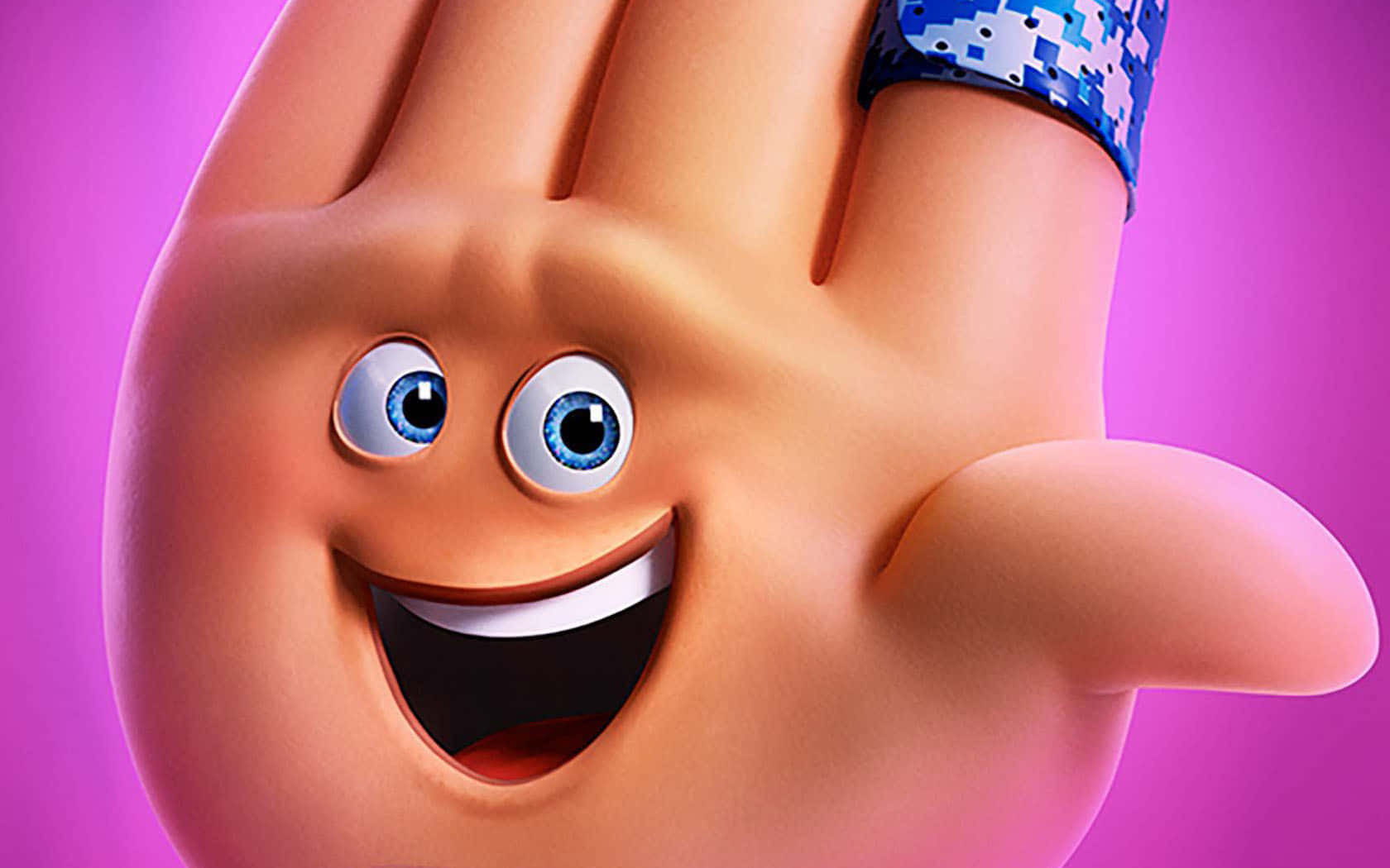 《Emoji電影》Hi-5特寫 壁紙 — 一隻歡快的3D渲染手，藍色眼睛，笑容燦爛，在充滿活力的紫色背景上揮手。