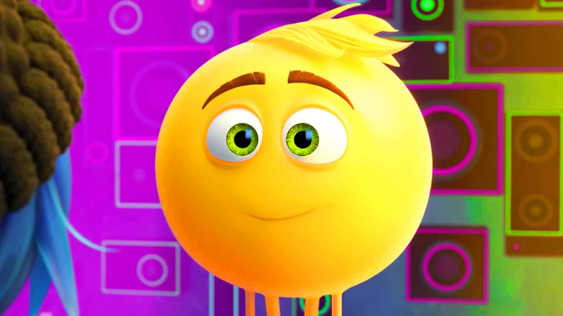 《Emoji電影》中 Gene Meh 與 Jailbreak 對話場景 壁紙 — 一個快樂的黃色表情符號角色，擁有綠色眼睛和尖刺頭髮，在充滿活力的霓虹網格背景上微笑。
