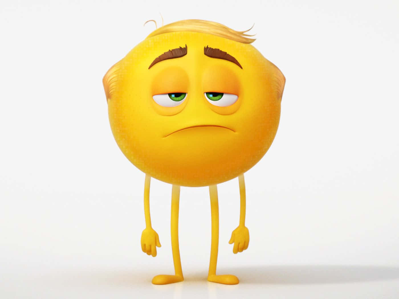 《Emoji電影》中Mel Meh的臉 壁紙 — 一個黃色動畫表情符號角色，眼睛疲倦，四肢下垂，站在純白色背景前。