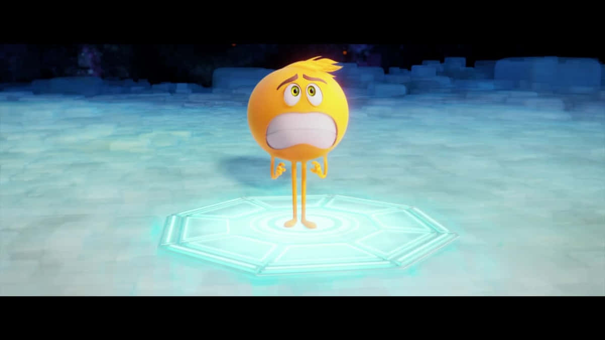 《Emoji電影》中的Mel Meh受驚 壁紙 — 一個黃色動畫表情符號角色，睜大眼睛，表情憂慮，站在一個發光的六邊形平台上，處於寒冷的藍色冰雪環境中。