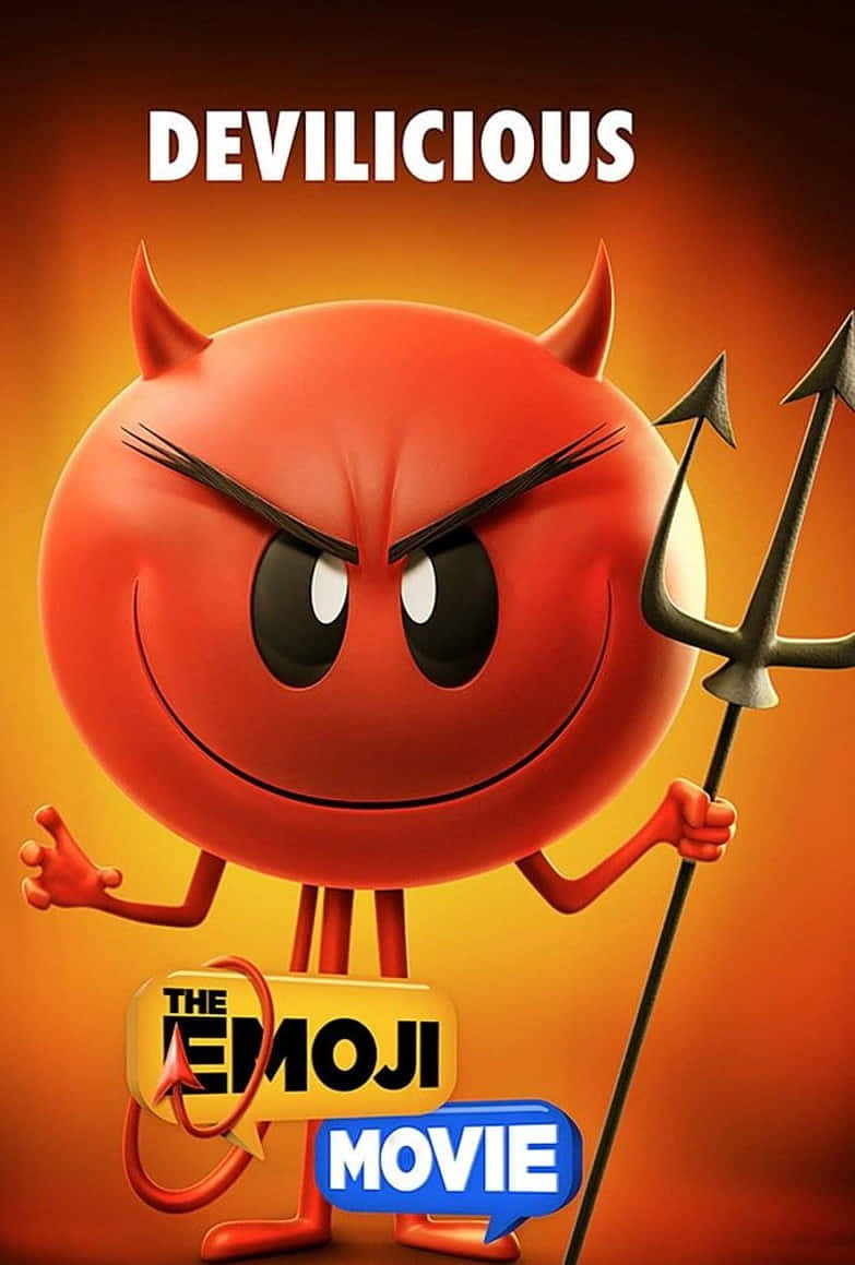 《Emoji電影》中的魔鬼Emoji 壁紙 — 一個紅色魔鬼表情符號，頭上有角，手持三叉戟，在熾熱的橙色背景上狡猾地微笑。
