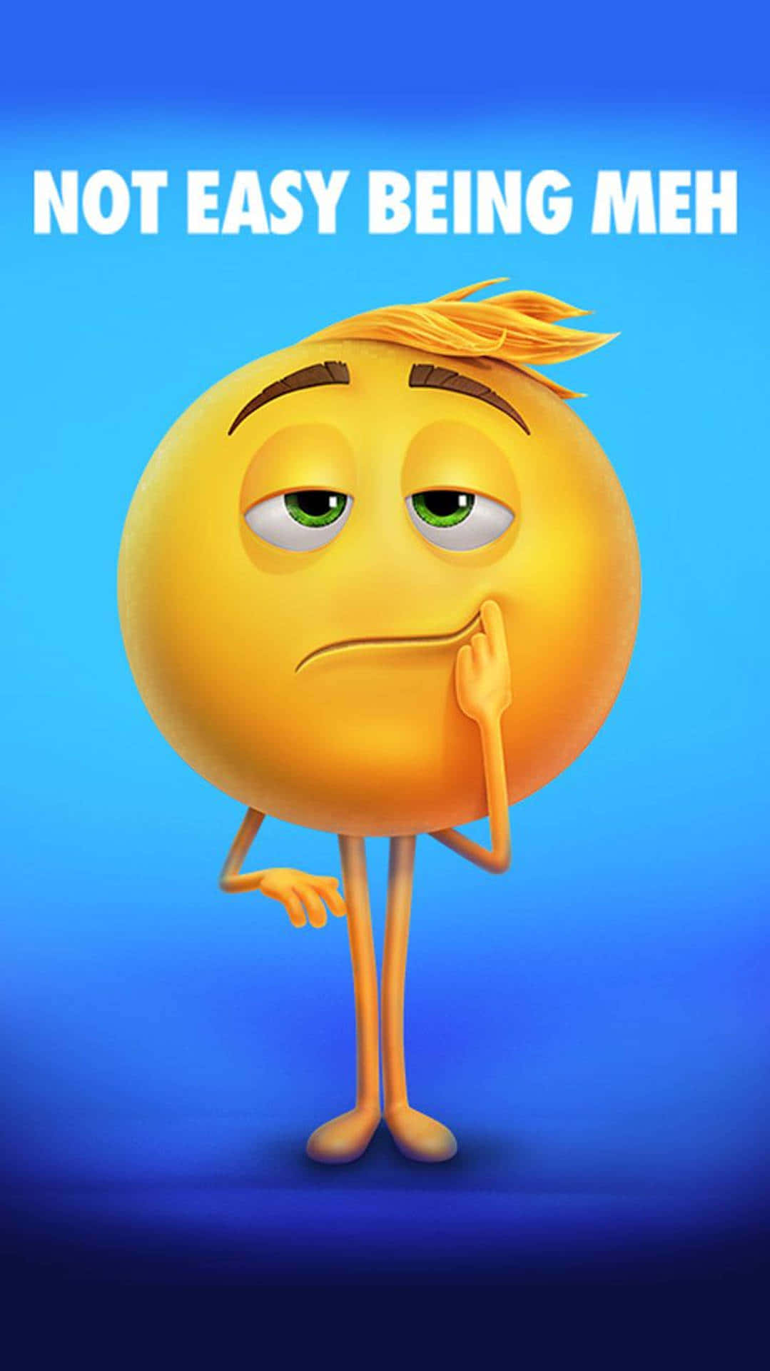 《Emoji電影》主角Gene iPhone壁紙 壁紙 — 一個黃色表情符號角色，眼睛疲倦，表情無聊，站在藍色漸變背景上，上面有文字 'NOT EASY BEING MEH'。
