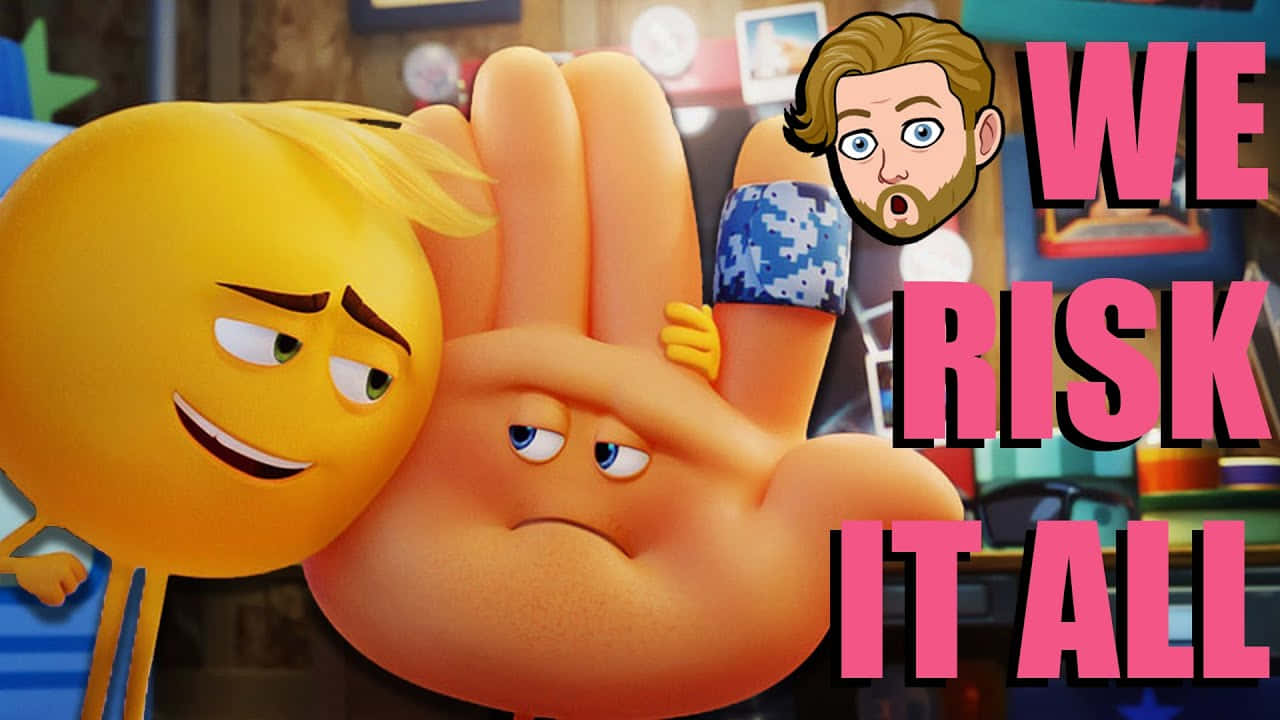 《Emoji電影》梗圖 壁紙 — 一個黃色表情符號帶有自鳴得意的眼睛，站在一個拿著繃帶手指的橙色大手表情符號旁邊，粗體粉紅色文字宣告「WE RISK IT ALL」，角落裡有一個驚訝的男人的臉。