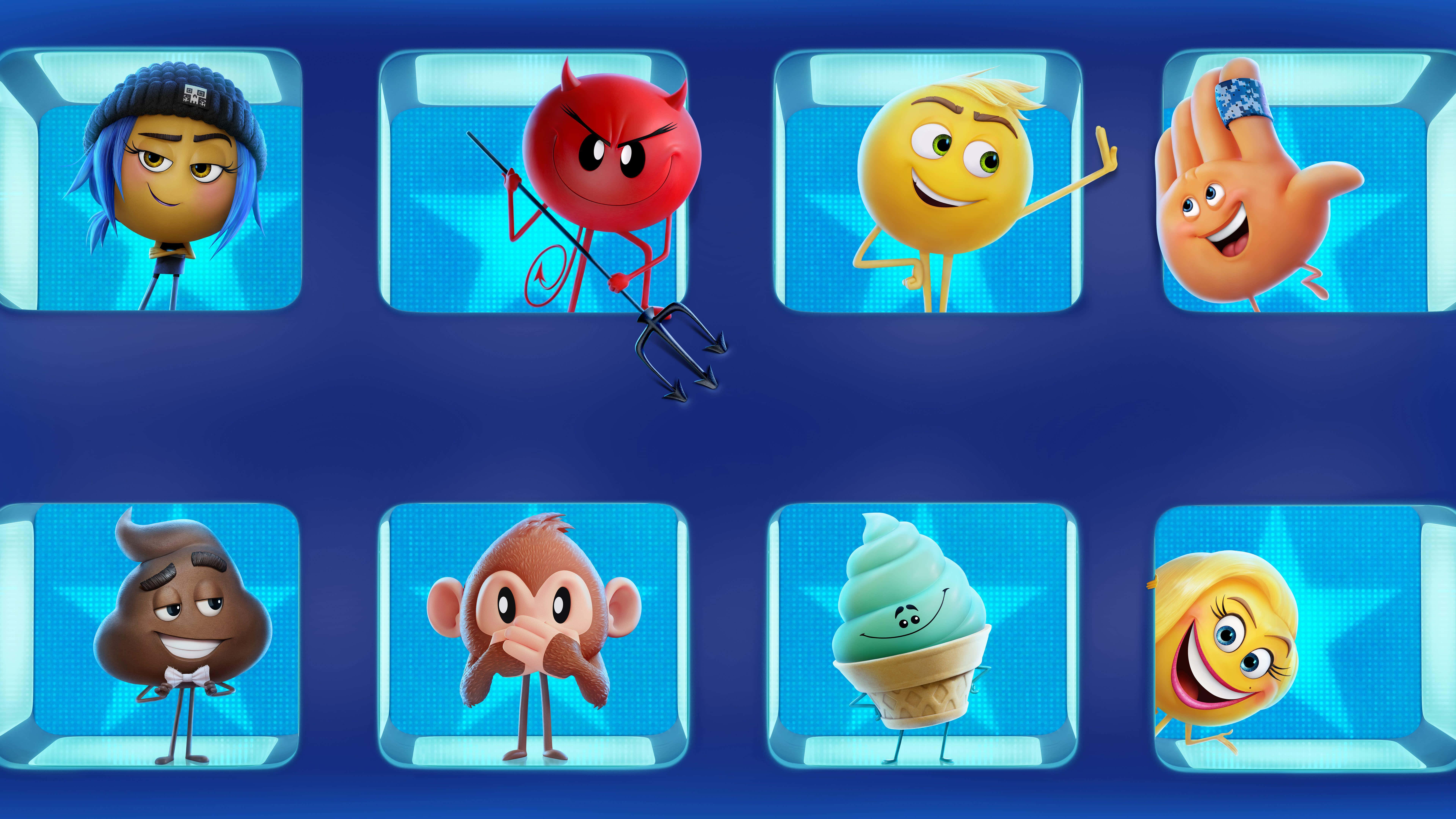 《Emoji電影》角色在Textopolis冒險 壁紙 — 八個具有不同個性的動畫表情符號角色，顯示在發光的藍色立方體中，背景為深藍色。