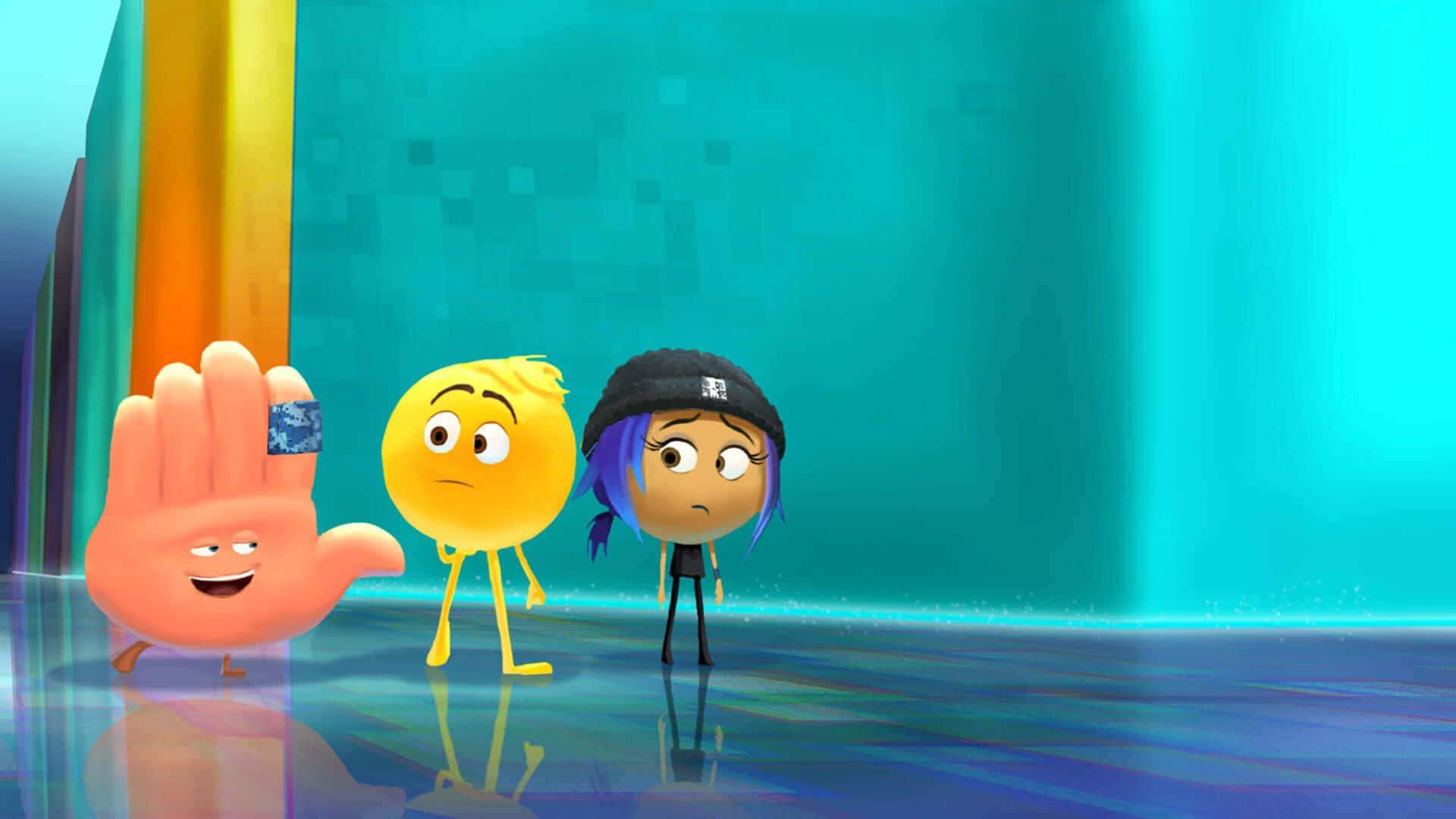 《Emoji電影》難忘三人組 壁紙 — 三個動畫角色：微笑的手、黃色圓圈和紫髮女孩，站在充滿活力的青綠色數位空間中。