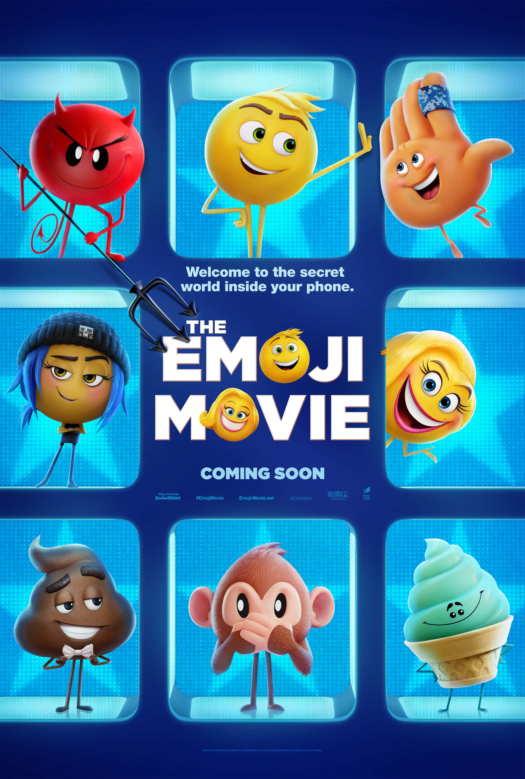 《Emoji電影》預告片截圖 壁紙 — 鮮豔的3D渲染表情符號角色，如惡魔笑臉手和冰淇淋攤，在發光的藍色手機屏幕上。
