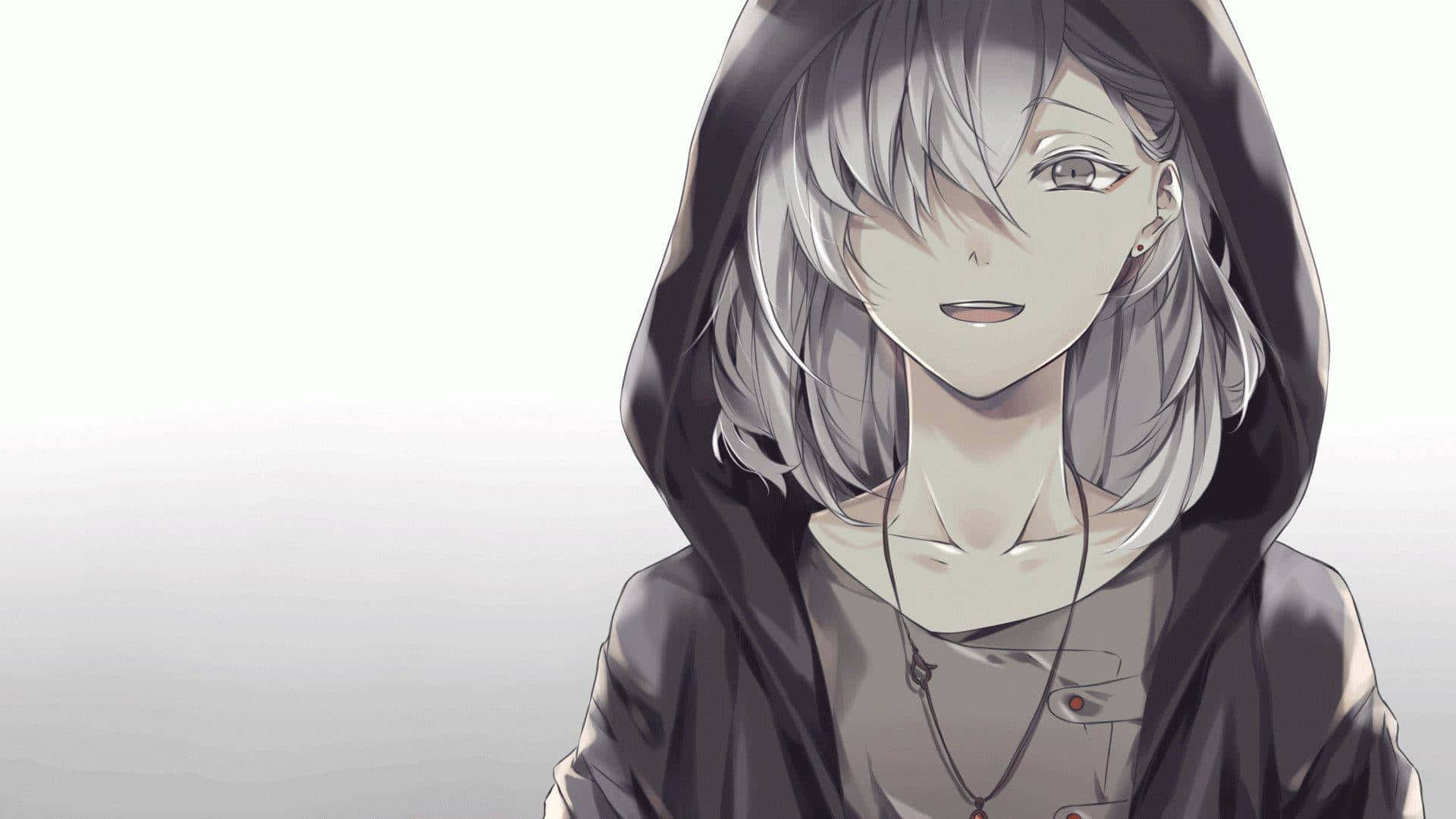 emo女孩動漫頭像美學 壁紙 — 一個平靜的動漫女孩，銀色頭髮，穿著黑色連帽外套，在純淺灰色背景上溫柔地微笑。