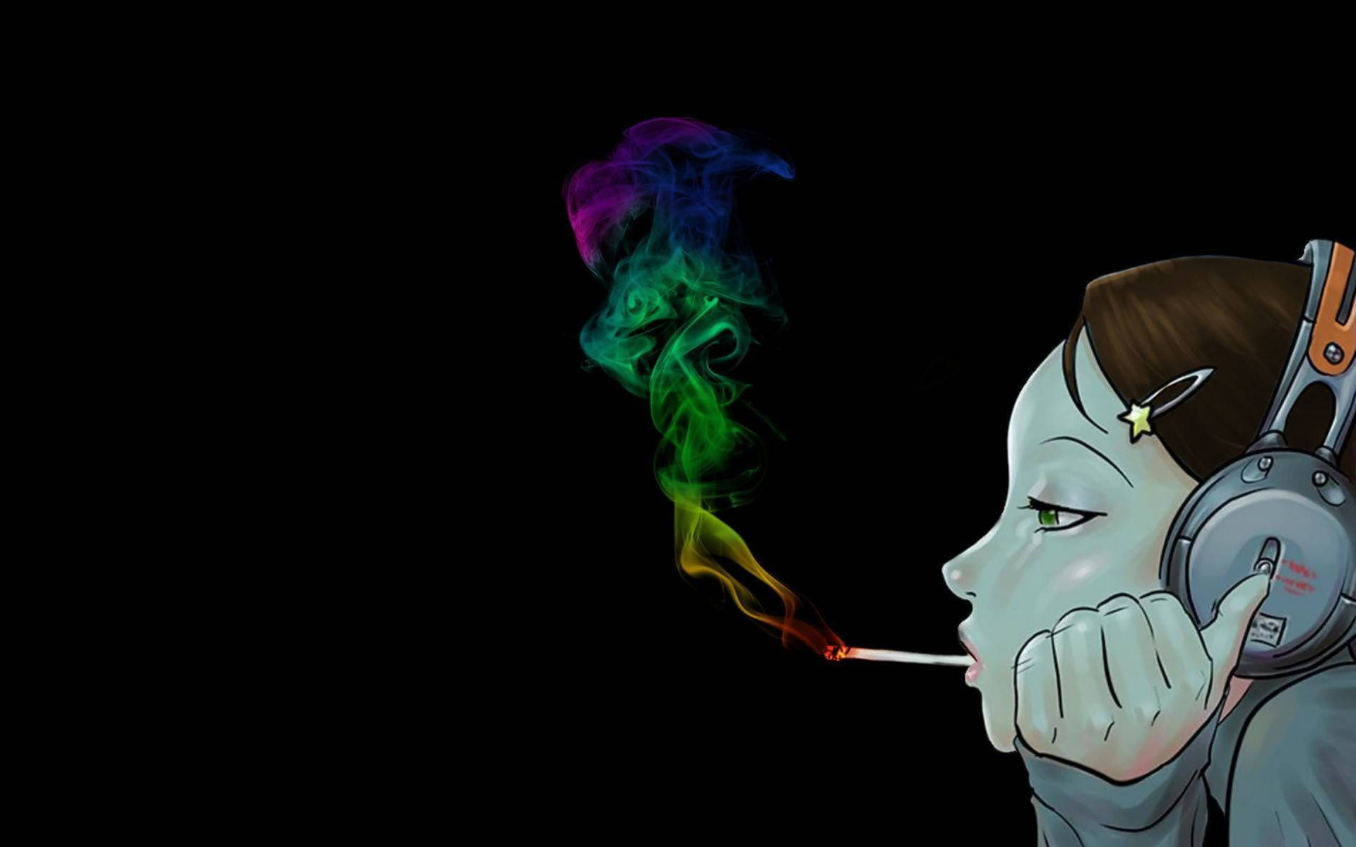 動漫女孩戴耳機對黑色背景呼出彩虹煙霧。