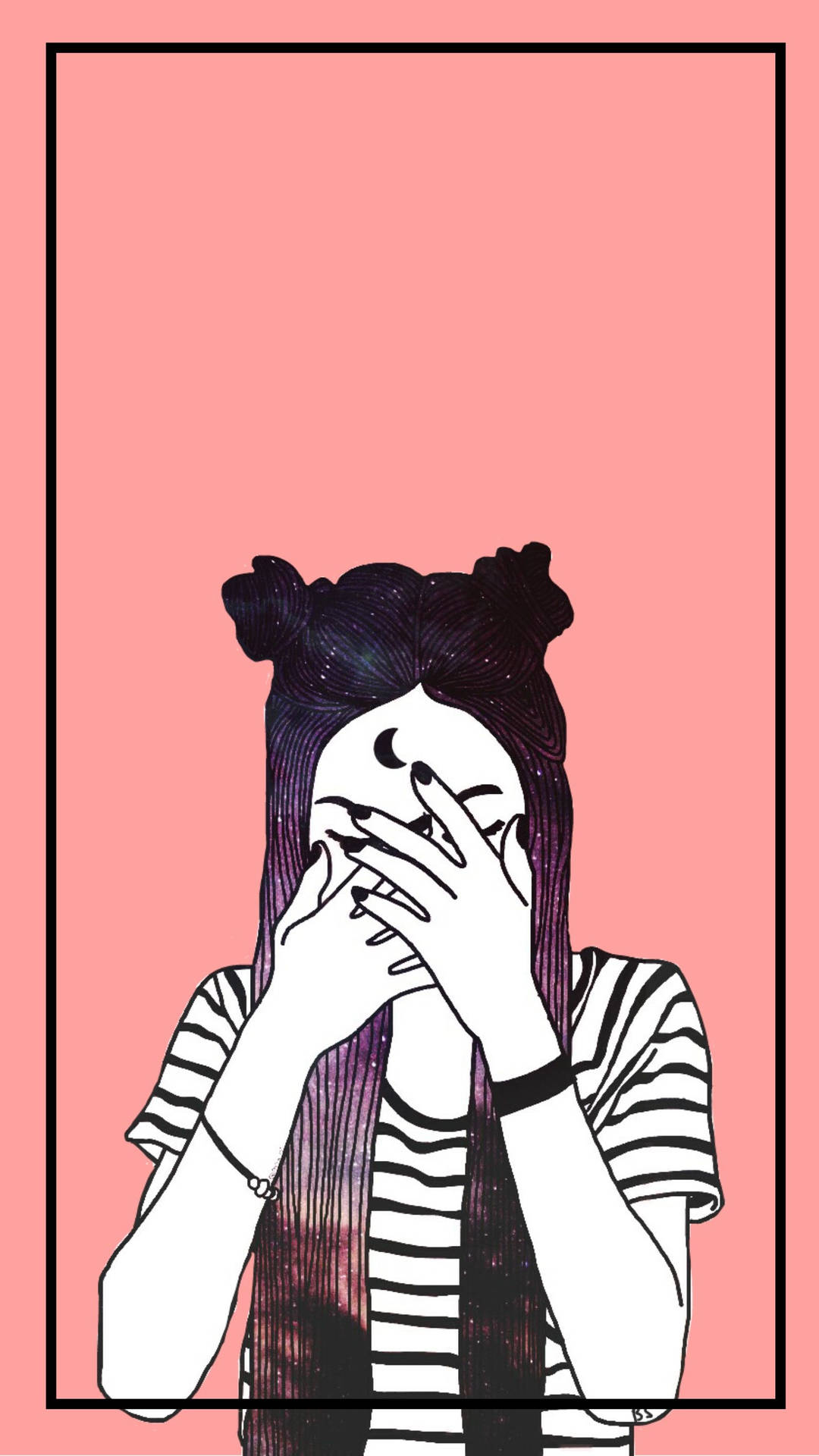 在粉紅色插圖框架中，擁有宇宙般頭髮的女孩遮住臉。