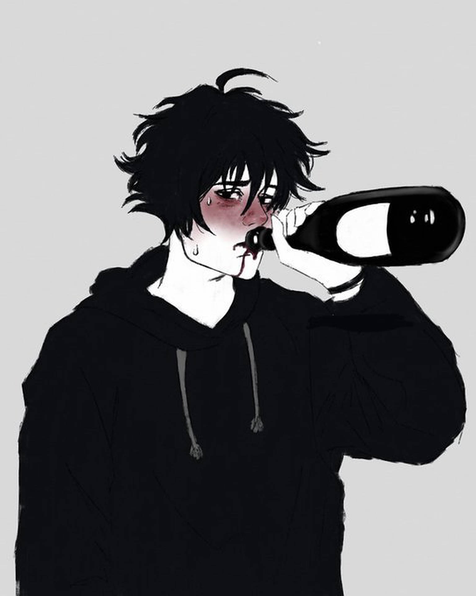一個身穿黑色連帽衫的悲傷動漫男孩，臉上帶著淚水和血跡，從瓶子裡喝水。