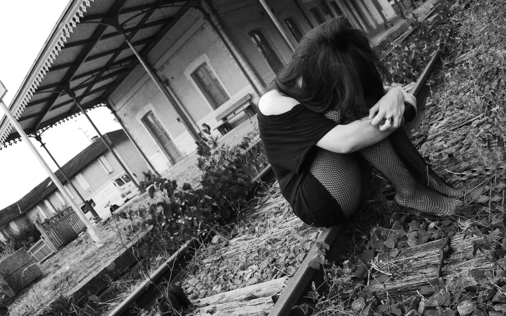emo風格少女獨坐鐵軌 壁紙 — 一個人蜷縮著坐在雜草叢生的火車軌道上，旁邊是廢棄的車站，以鮮明的黑白構圖呈現。