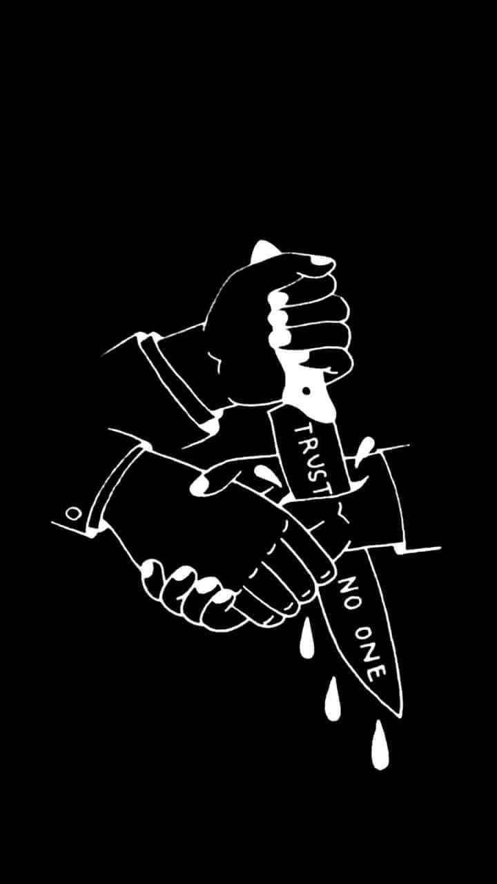 兩隻手拿著一把寫有「TRUST」和「NO ONE」的刀，血在滴落。