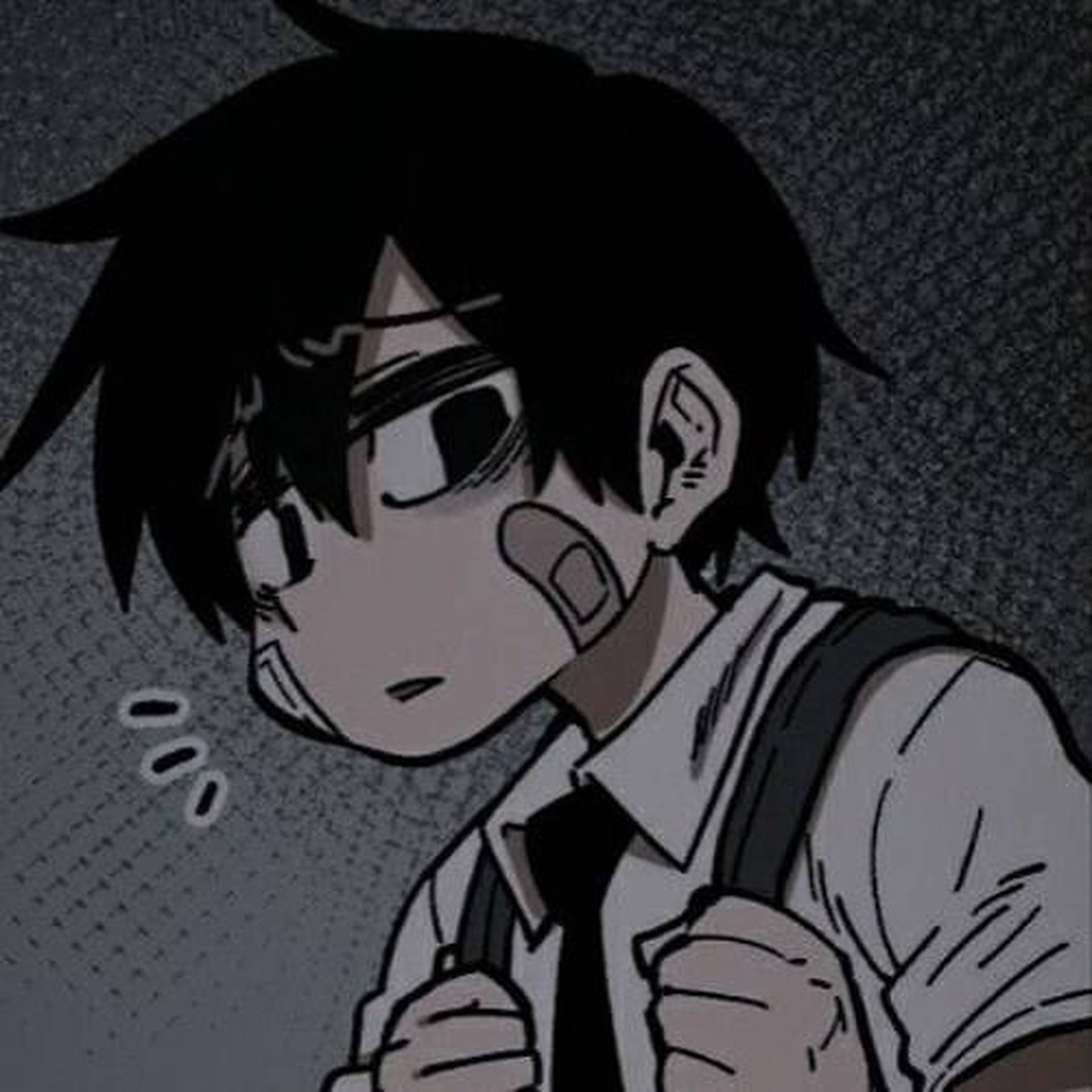 一個臉頰纏著繃帶的動漫男孩低著頭，表情悲傷。