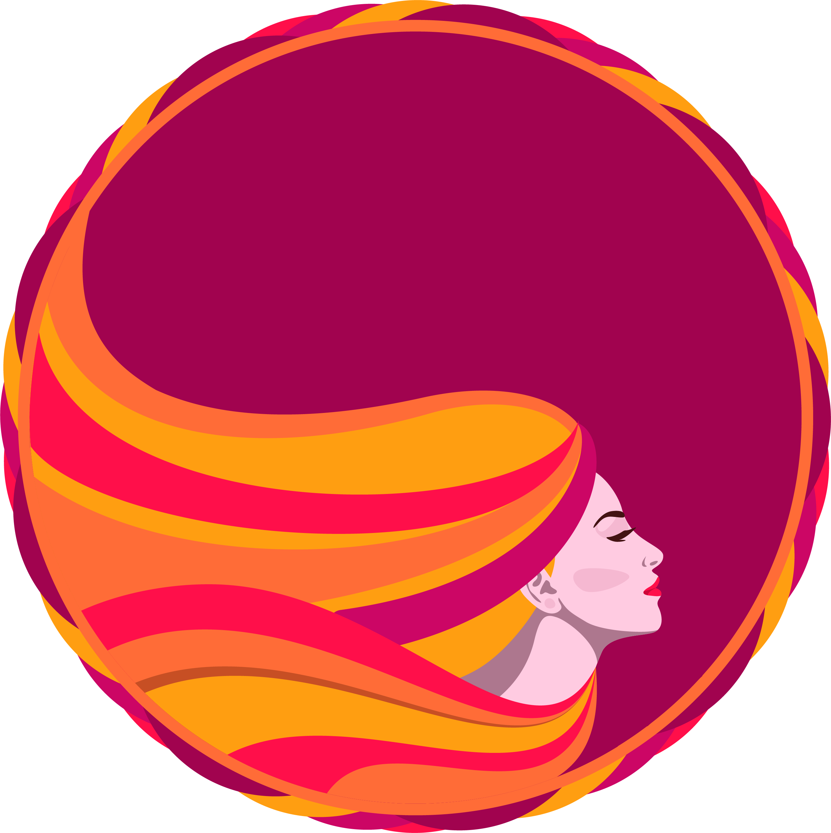 女性側影與 empowerment 壁紙 — 一個風格化的女性側面輪廓，帶有流動的橙色和洋紅色頭髮，在圓形框架內旋轉。
