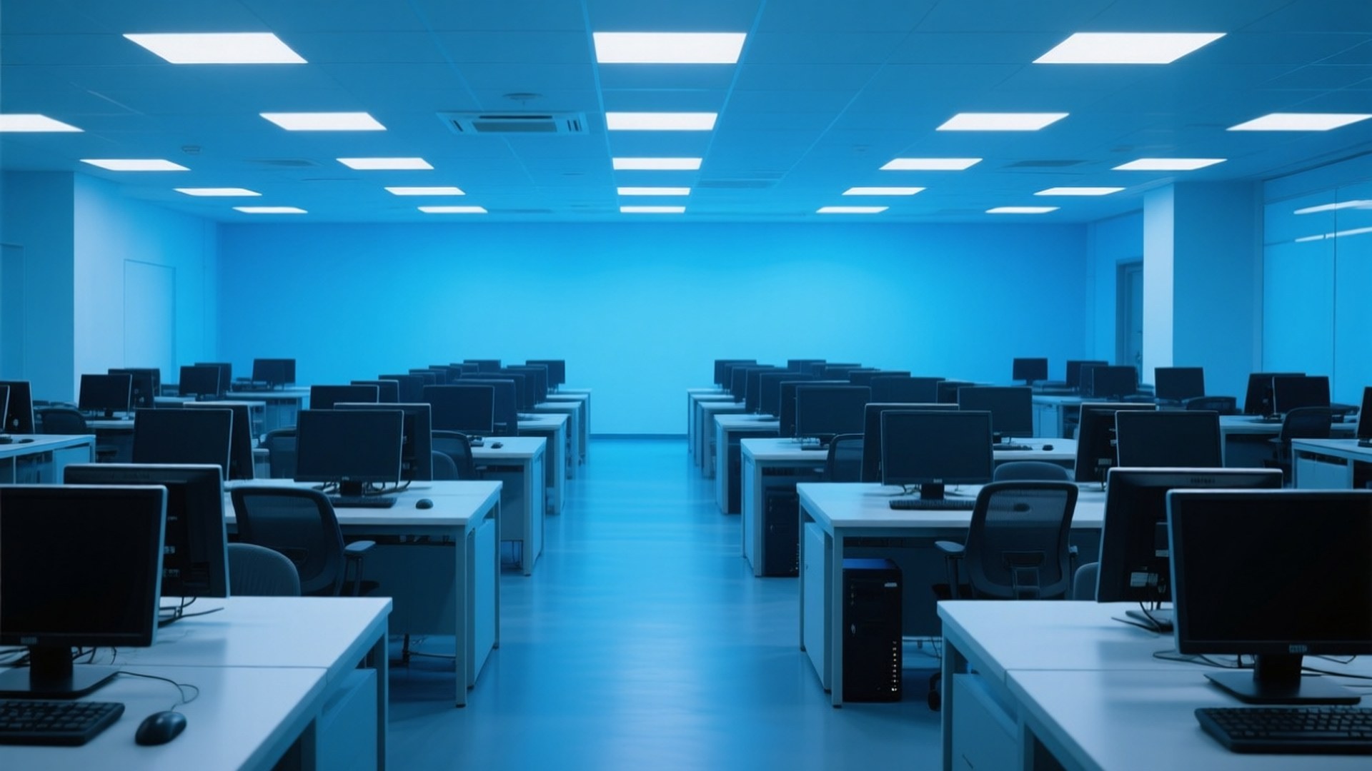 Empty Computer Lab 壁紙 — 一排排空的電腦桌在一個寬闊的藍色燈光數碼教室中，天花板上裝有螢光燈。