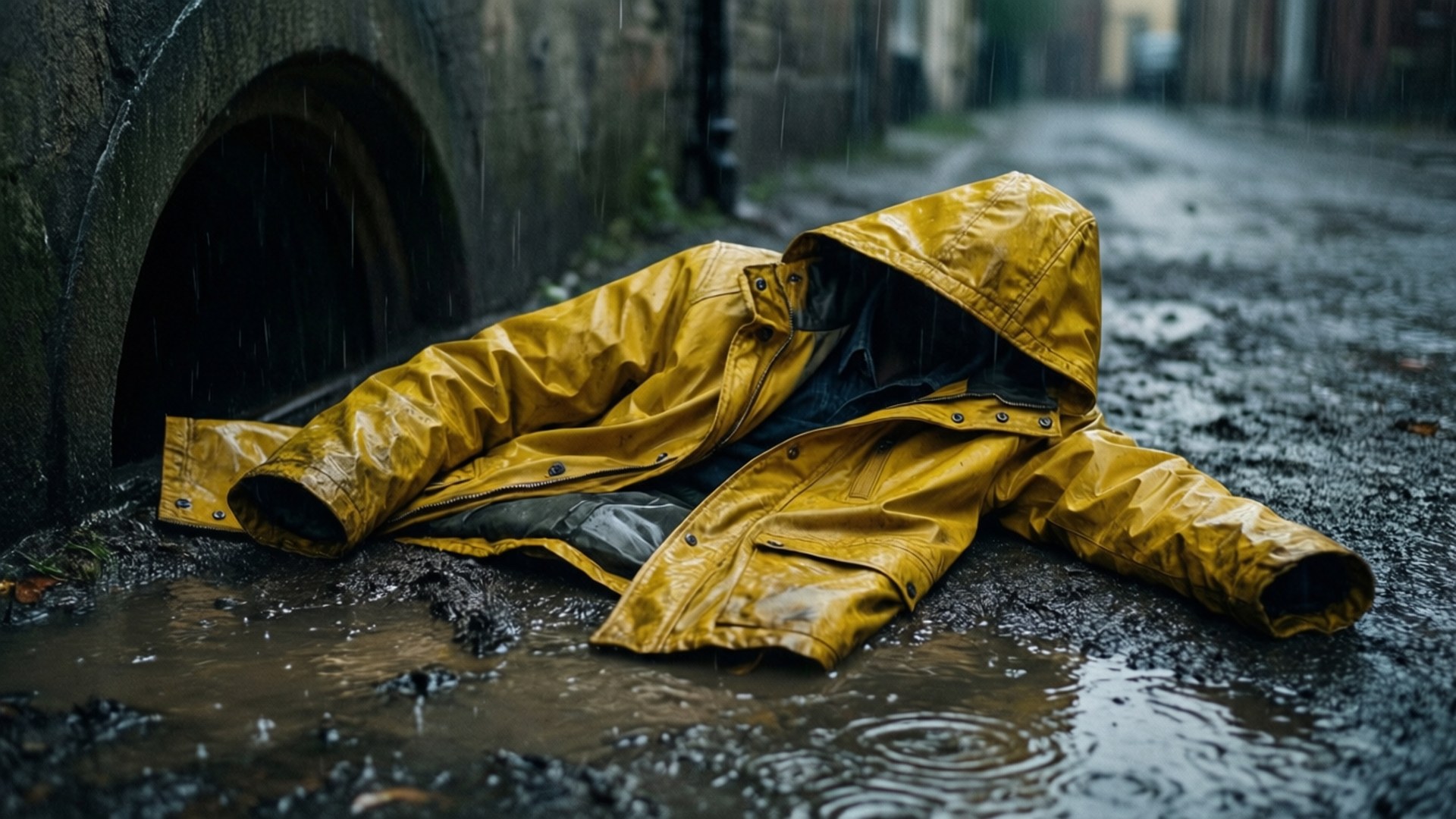 一件黃色雨衣在潮濕的城市街道上沾滿泥濘和雨水。