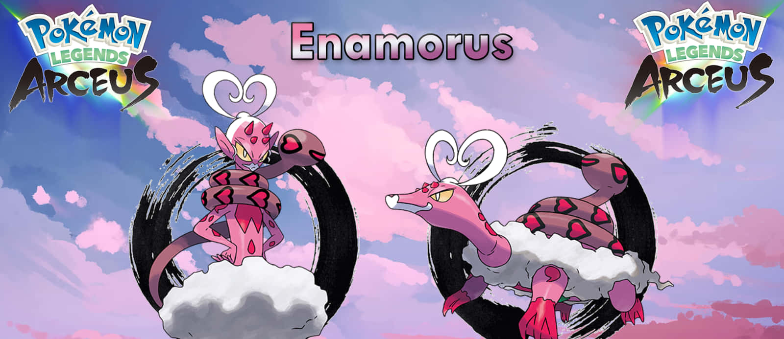 Enamorus 兩種形態 壁紙 — 兩隻粉紅色的Enamorus寶可夢站在雲端上，背景是帶有旋轉黑色圓環和遊戲標誌的粉彩天空。