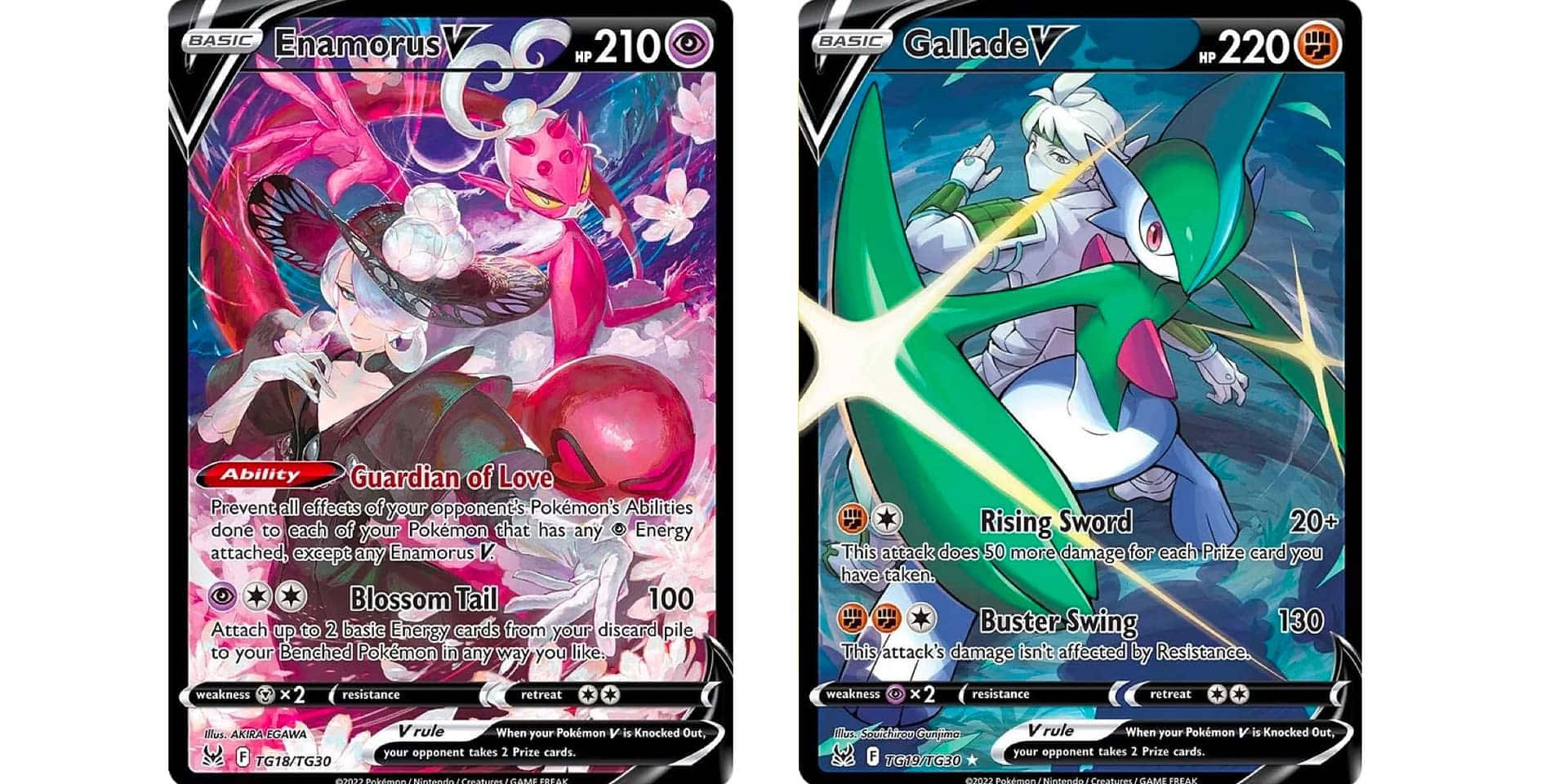 Enamorus 與 Gallade 寶可夢卡牌對比 壁紙 — 兩張充滿活力的寶可夢集換式卡牌， featuring 眷戀雲（Enamorus）帶有粉紅色花能量，以及動感綠色姿勢的艾路雷朵V（Gallade V）。