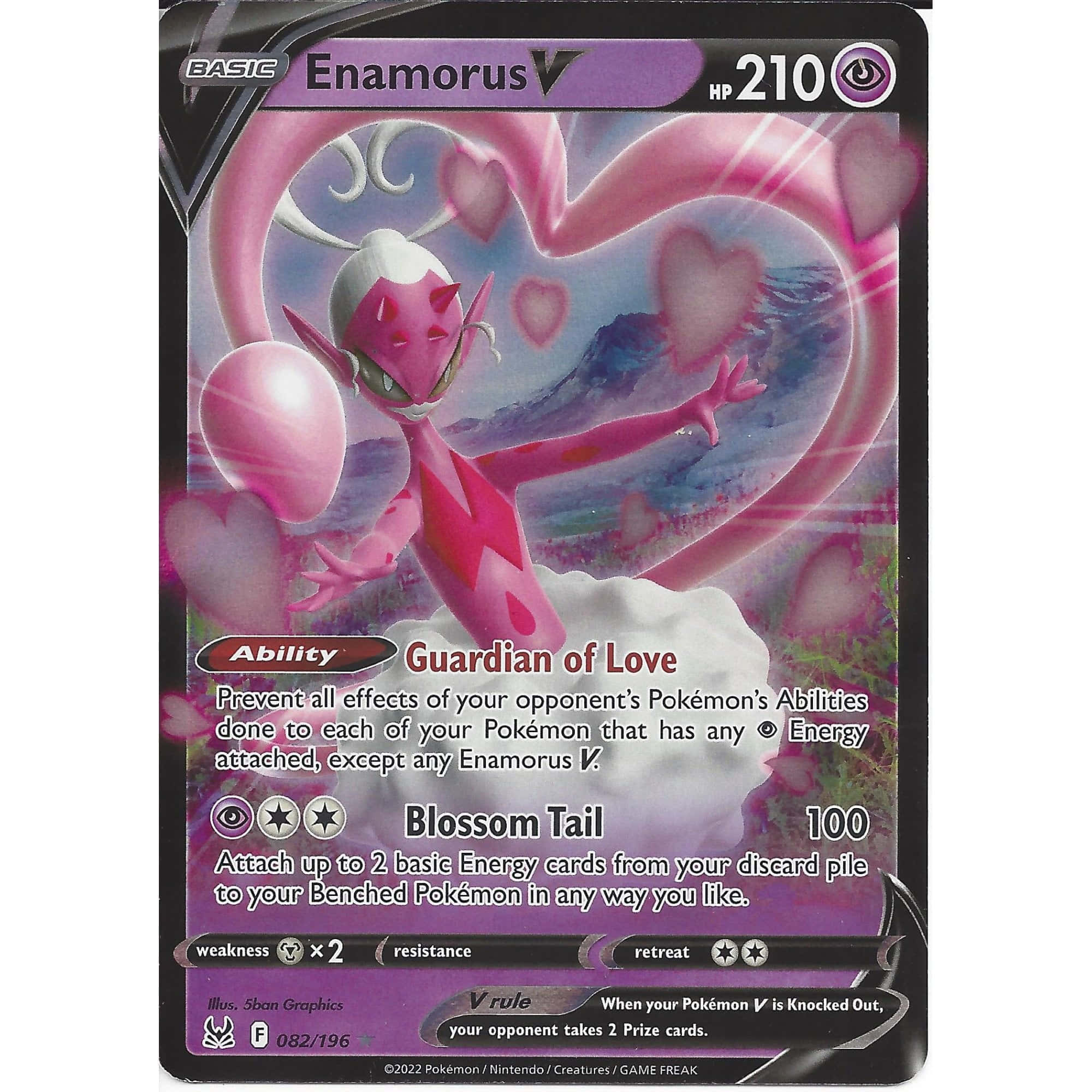 Enamorus寶可夢卡牌 壁紙 — 一張粉紅色嘅Enamorus V Pokémon卡，有心形圖案喺佢周圍旋轉，背景係山脈。