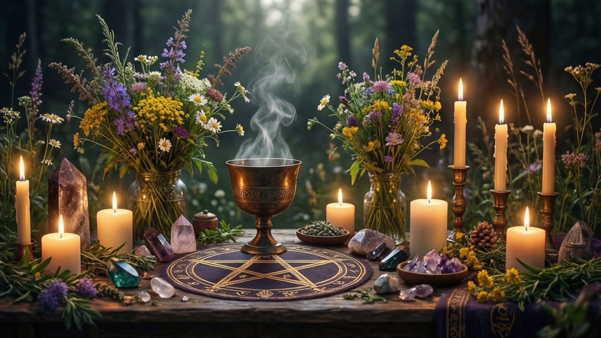 一個神秘的森林祭壇，有蠟燭、水晶和一個冒煙的聖杯放在五角星墊上，周圍環繞著野花