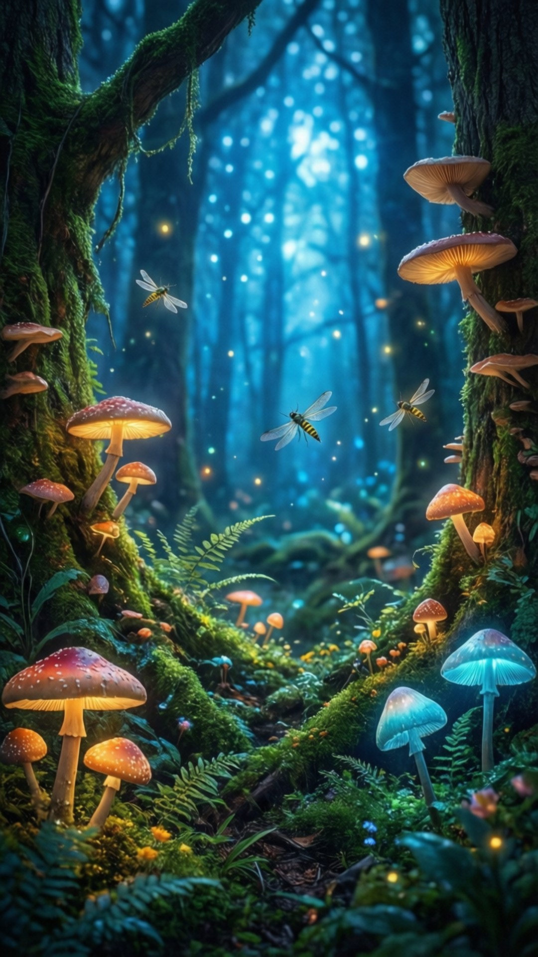 發光的蘑菇和螢火蟲在藍色暮光下照亮了一條長滿苔蘚的森林小徑。