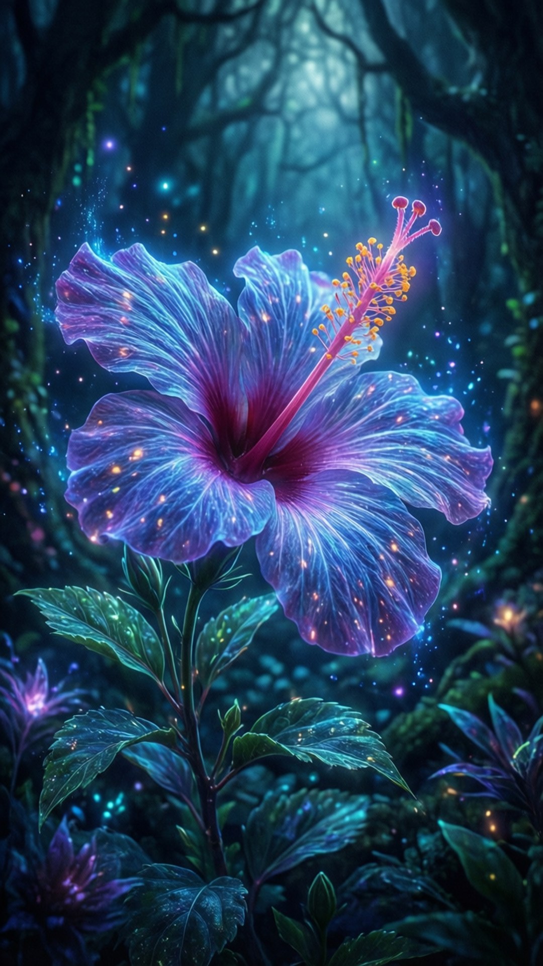 一朵發光的藍紫色木芙蓉花在充滿閃爍燈光的黑暗魔法森林中。