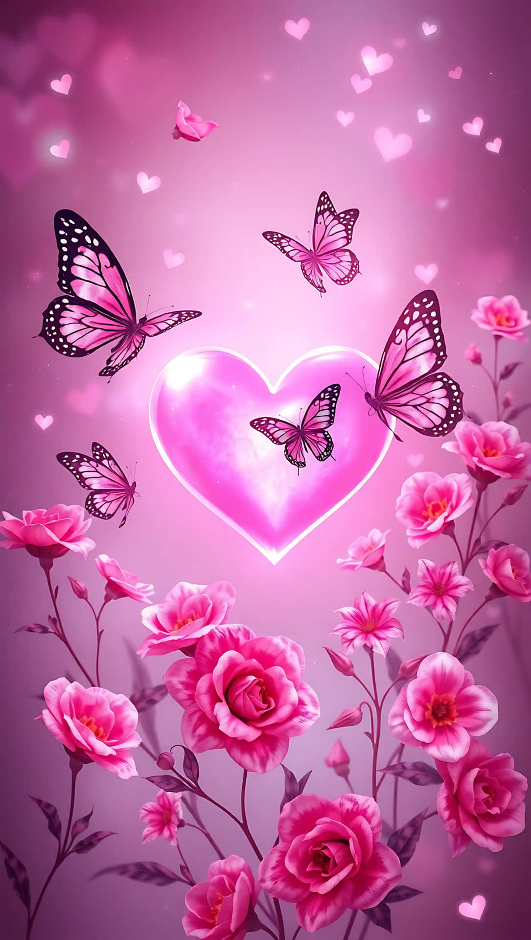 Enchanted Valentine’s Butterflies smartphone wallpaper 壁紙 — 一個發光的粉紅色心形，被蝴蝶和玫瑰環繞，背景是柔和的粉紅色，並有漂浮的心形。