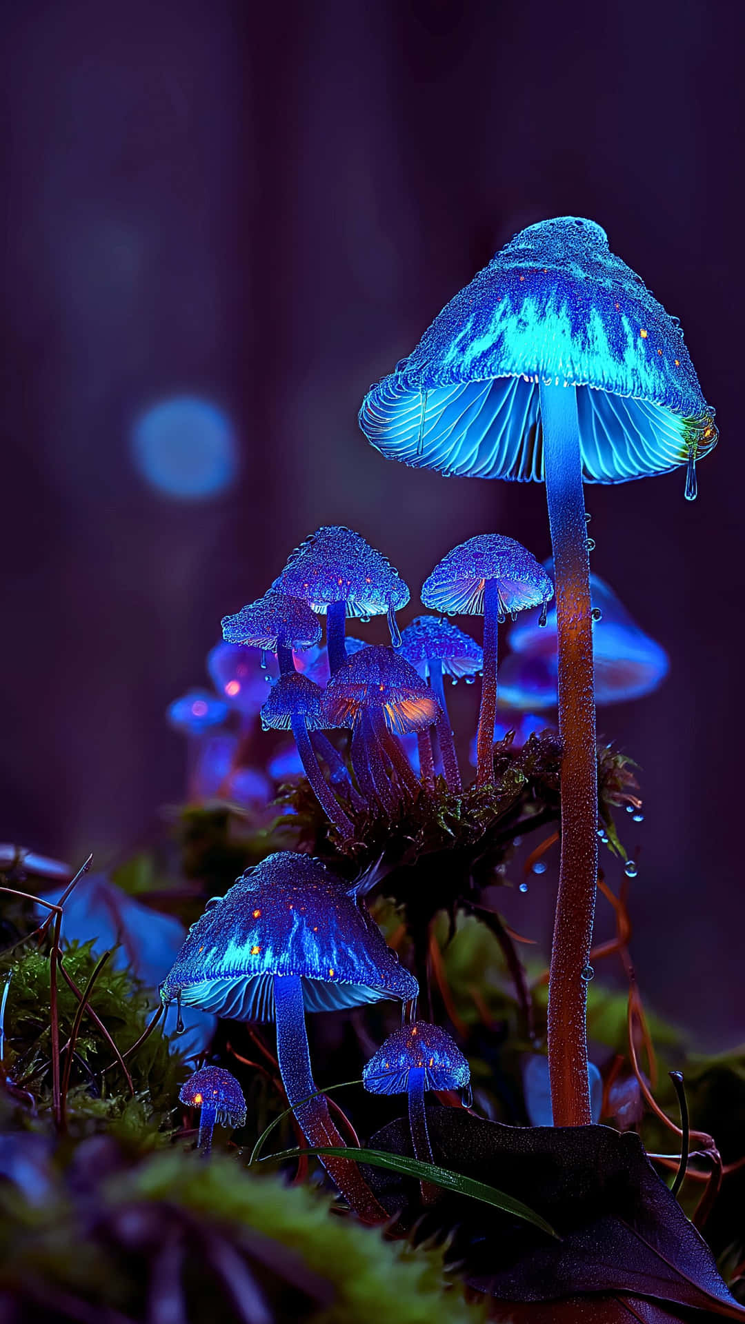 在黑暗森林中，苔蘚上帶有露珠的發光藍色蘑菇
