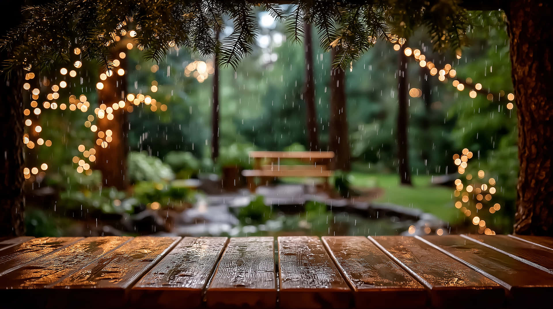 松樹下潮濕的木桌，串燈在雨中閃耀