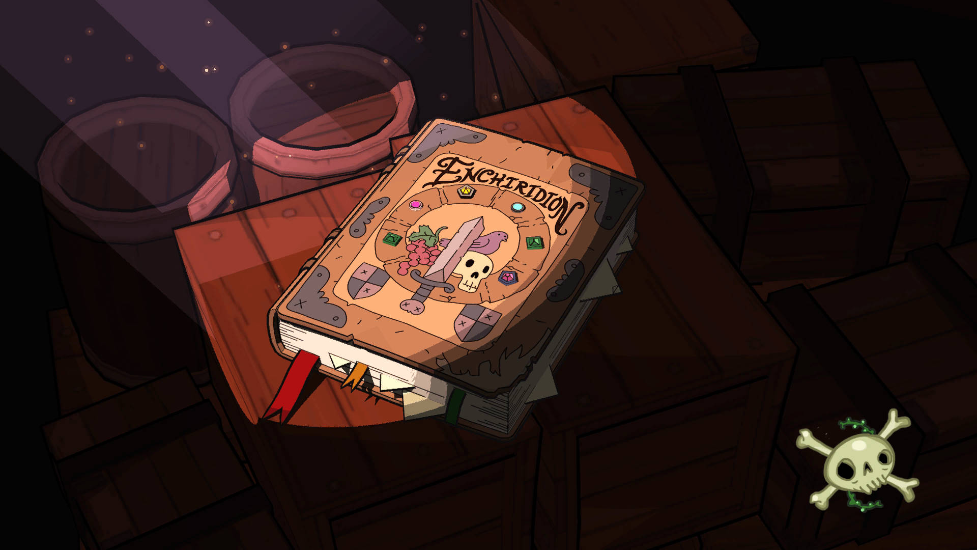 《Enchiridion》卡通頻道角色 壁紙 — 一本卡通風格的奇幻魔法書，名為『Encyclopedia』，放在一個昏暗地牢的木箱上，帶有發光粒子與骷髏標誌。