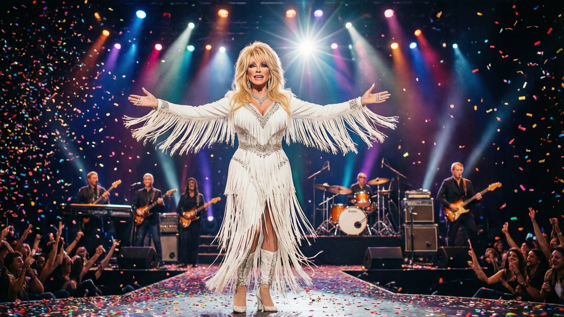 Dolly Parton 在舞台上表演，身穿白色流蘇服裝，五彩紙屑飄落，身後有樂隊。