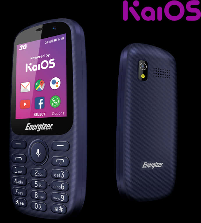 Energizer Kai O S 特色手機 壁紙 — 深藍色 Energizer KaiOS 功能手機，正面和背面顯示在帶有紫色 KaiOS 標誌的黑色背景上。