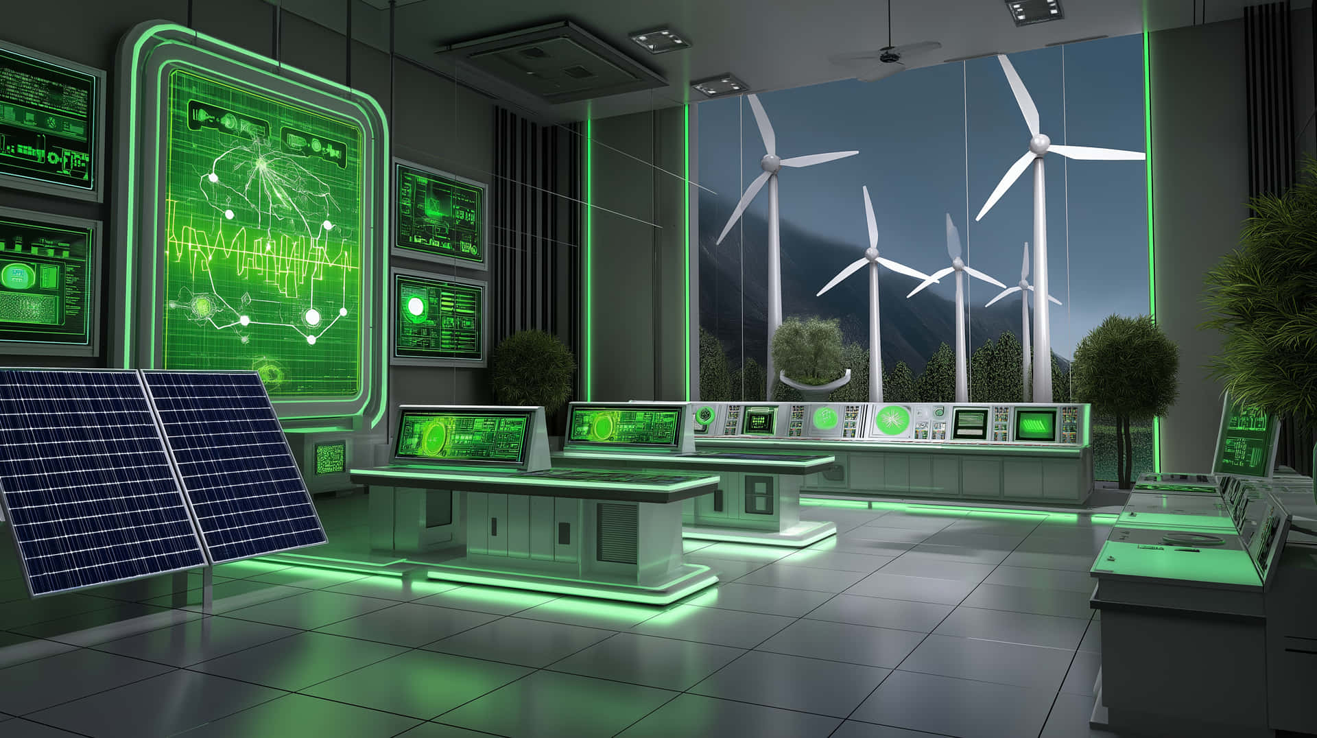 Energy Management Center with Solar Panels and Wind Turbine Views 壁紙 — 一個未來主義的綠色照明控制室通過大窗戶監控風力渦輪機和太陽能板。