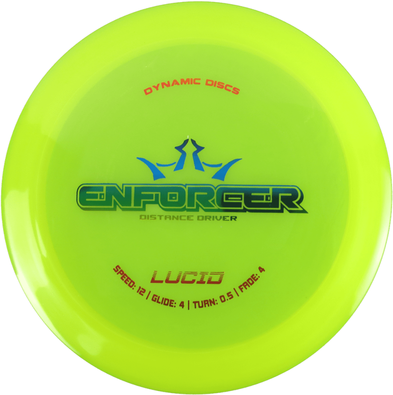 檸檬綠 Enforcer 距離驅動飛盤 壁紙 — 一個明亮的霓虹綠色Dynamic Discs Enforcer距離驅動飛盤，帶有藍色和紅色文字，背景為黑色。