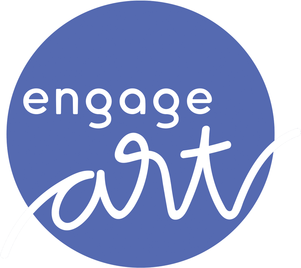 Engage 藍色背景標誌 壁紙 — 一個大膽的藍色圓圈，上面有白色文字寫著 engage art，背景為黑色。