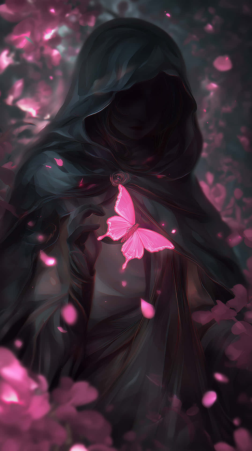 Enigmatic Hooded Figure with Vibrant Moth and Scattered Petals 壁紙 — 一個戴著兜帽、身穿深色長袍的身影站在飄落的粉紅花瓣中，胸前有一隻發光的粉紅蝴蝶。