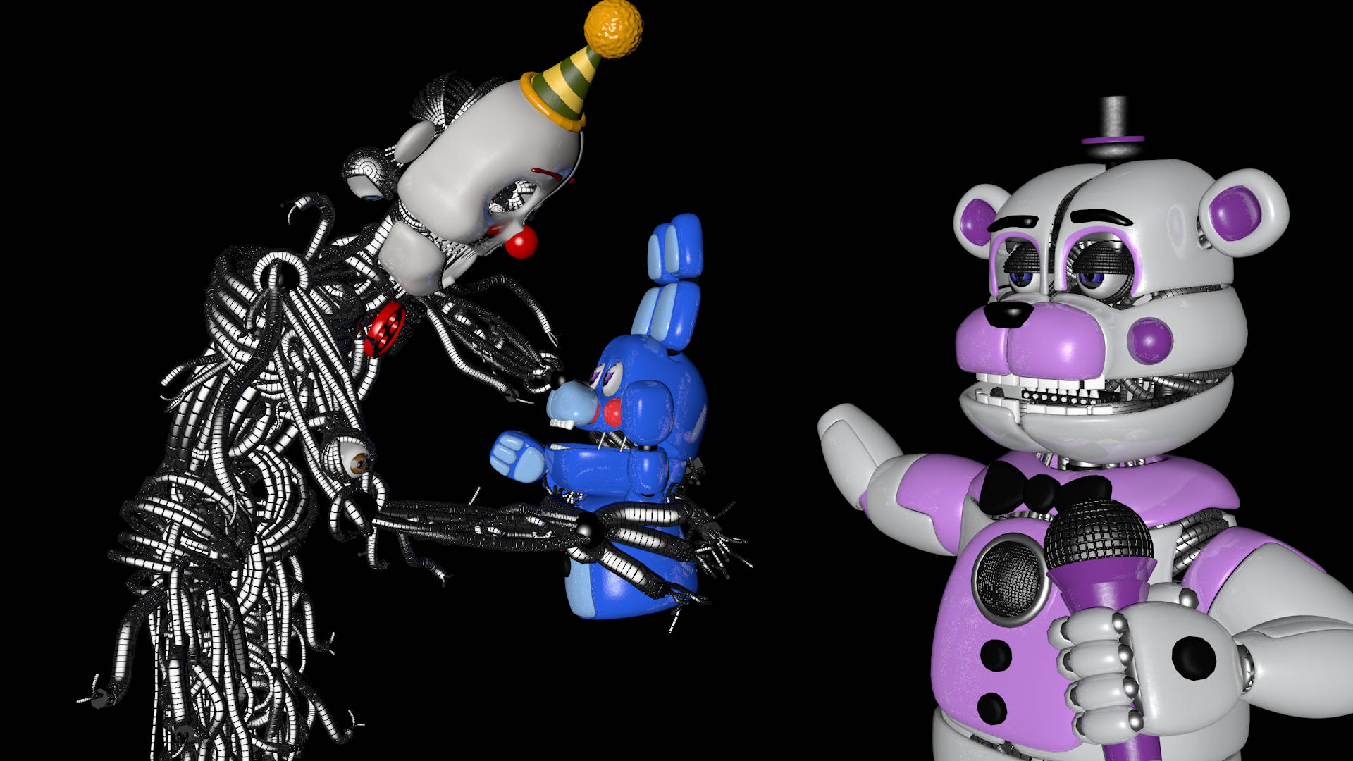 Ennard與Bon Bon 壁紙 — Five Nights at Freddy's 中的三個電子動畫角色站在黑色背景前，表情詭異，機械細節精細。