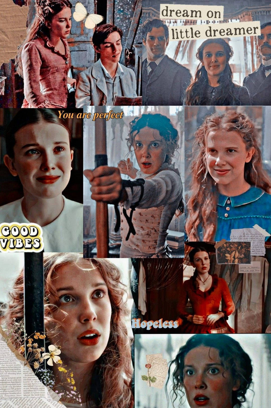 《Enola Holmes》米莉·波比·布朗拼貼藝術 壁紙 — 一個拼貼畫，展示年輕女性在各種情緒狀態下的表情特寫，並疊加文字短語。