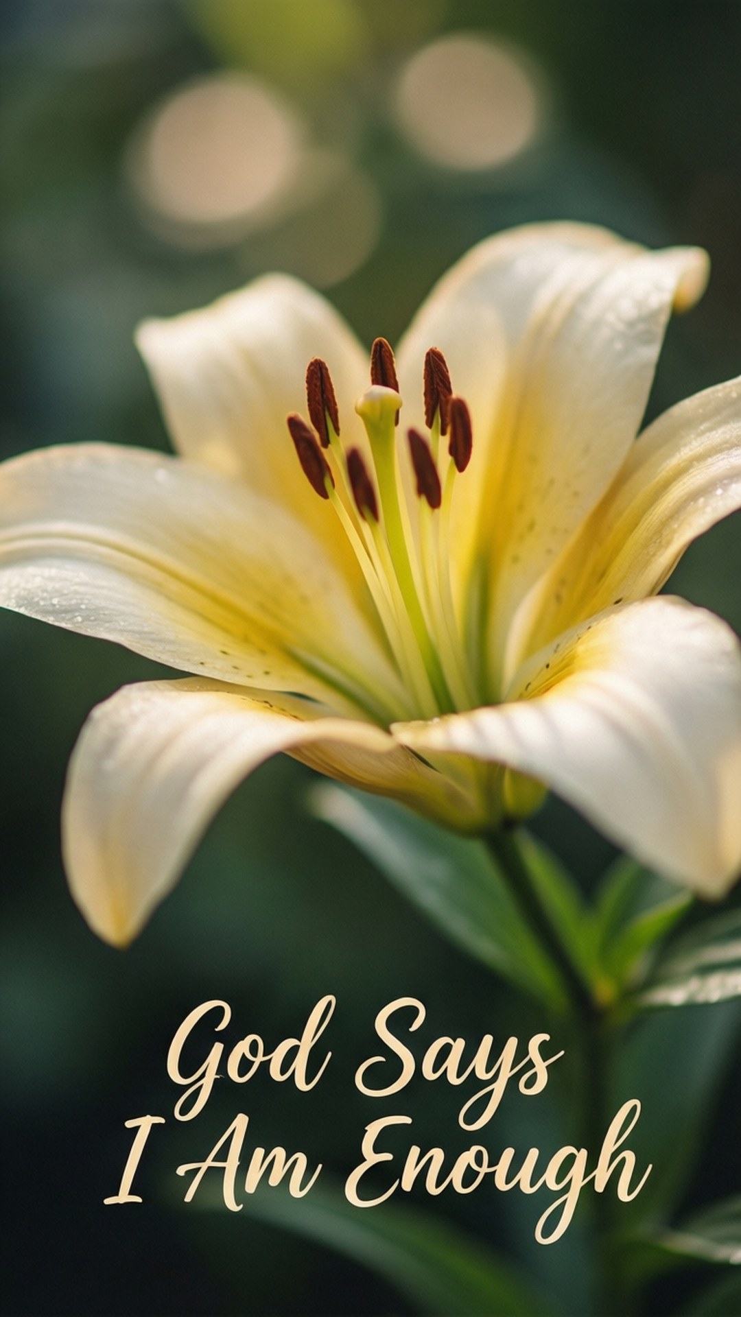 一朵帶有黃色中心的白色百合花，文字寫著 God Says I Am Enough