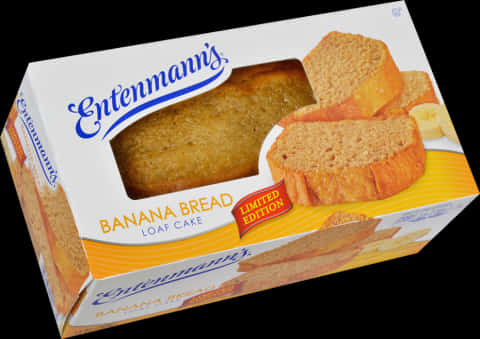 Entenmann's限量版香蕉麵包蛋糕盒 壁紙 — 一盒Entenmann's香蕉麵包蛋糕，透明窗口顯示金黃色切片，黑色背景。
