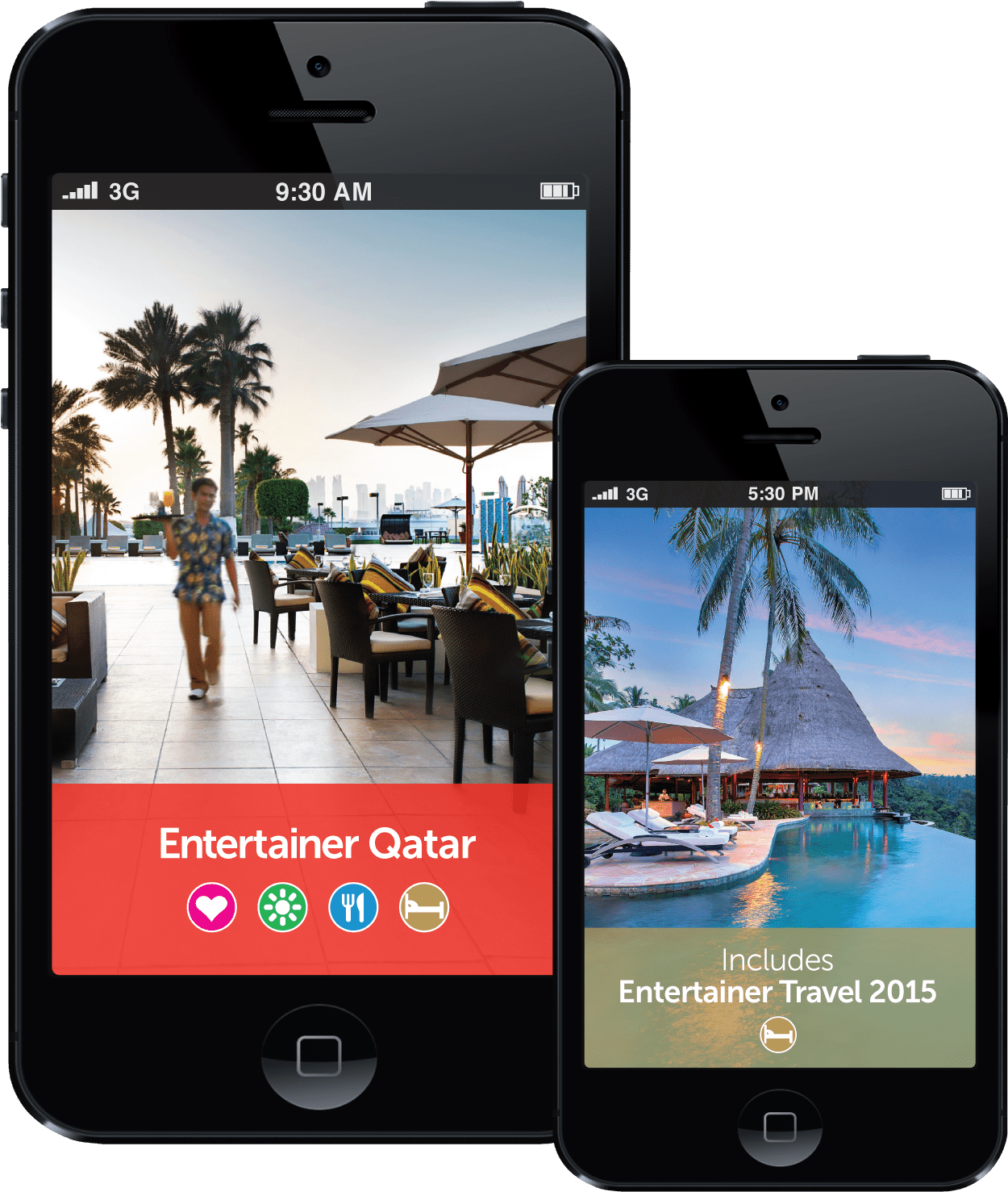 Entertainer Qatar 應用程式推廣 壁紙 — 兩部智能手機顯示旅遊應用程式介面，展示熱帶度假勝地場景，包括棕櫚樹、泳池和黃金時段的城市天際線。