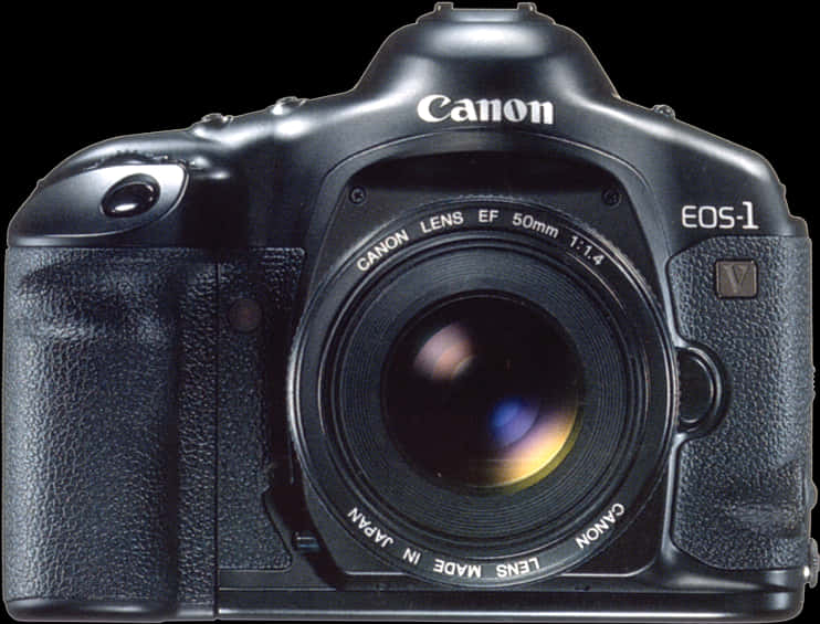 佳能 EOS-1 DSLR 相機 壁紙 — 一部時尚的黑色 Canon EOS-1V DSLR 相機，配備 50mm 鏡頭，在純黑背景中央展示。