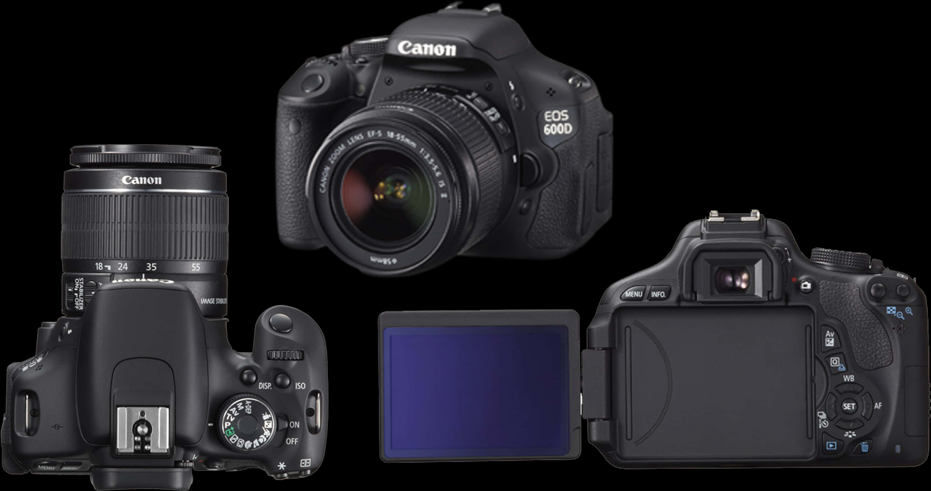 佳能 EOS 600D DSLR 相機與鏡頭 壁紙 — 專業黑色 Canon EOS 600D DSLR 相機，在純黑背景下從多個角度展示。