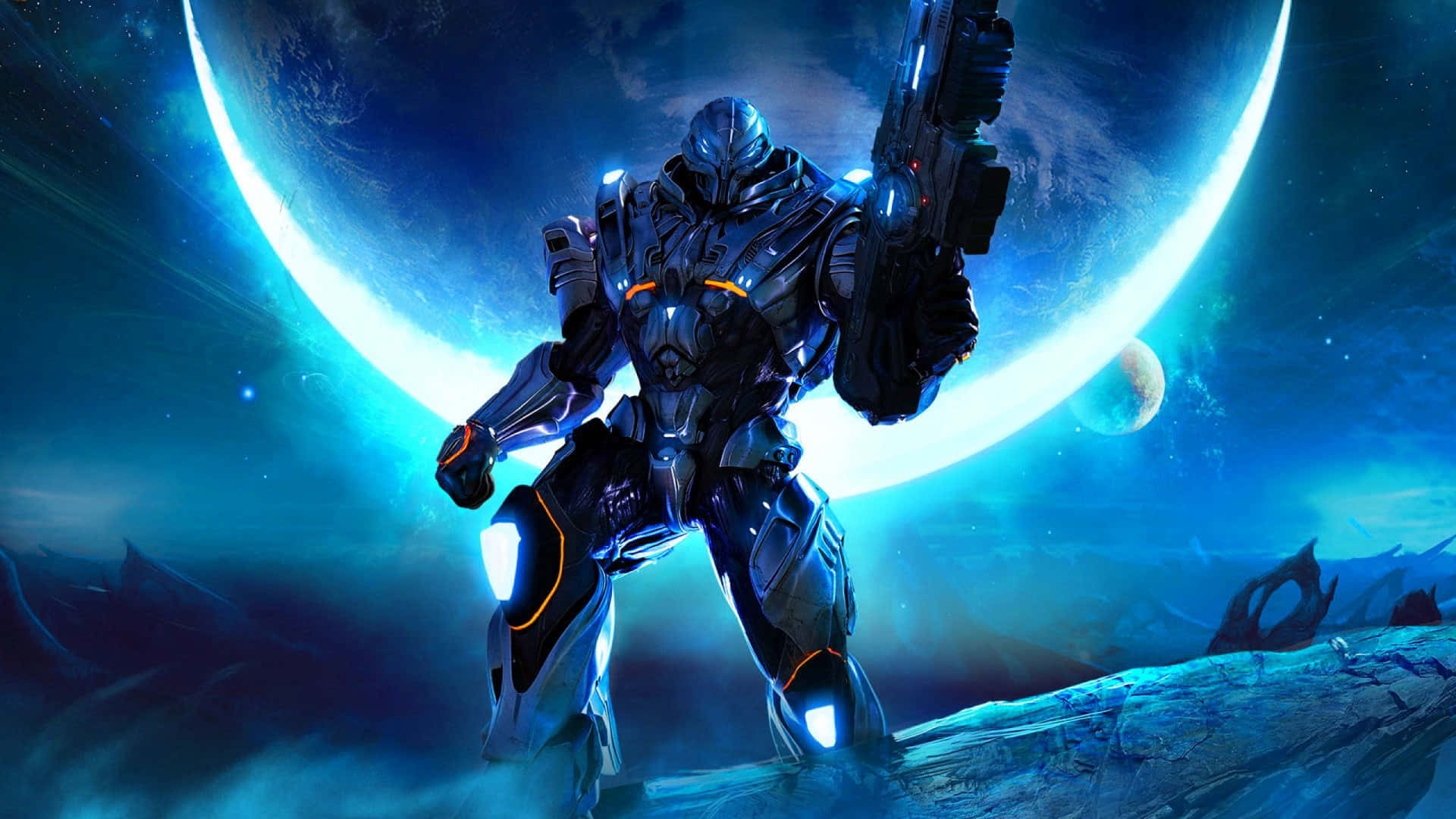 未來戰士身穿盔甲，在外星行星上夜晚手持武器。