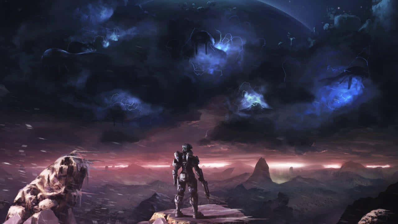 裝甲士兵在外星行星上觀看帶有發光閃電的暴風雨天空。